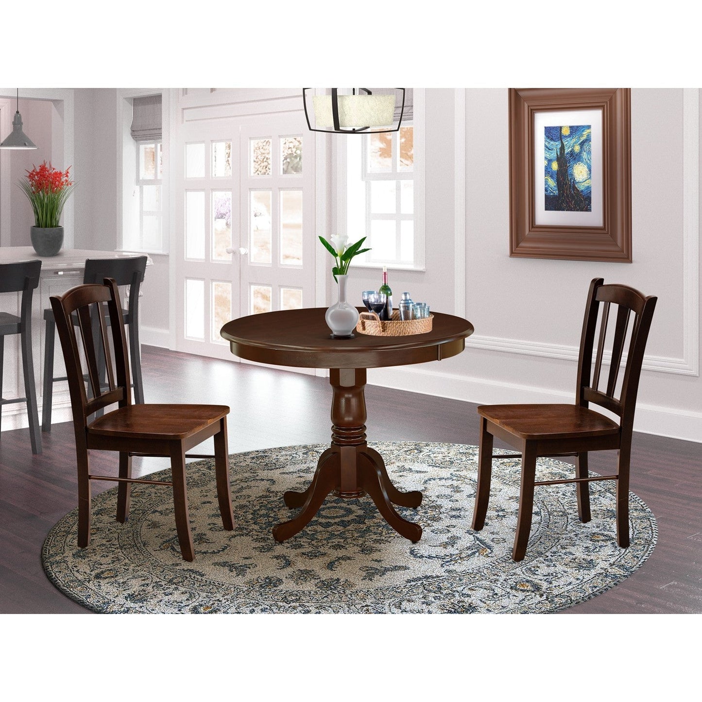 EAST WEST FURNITURE - ANDL3-MAH-W - 3-Piece Dinette Room Set- 2 Dining Room Chair and Dining Room Table - Wooden Seat and Slatted Chair Back - Mahogany Finish