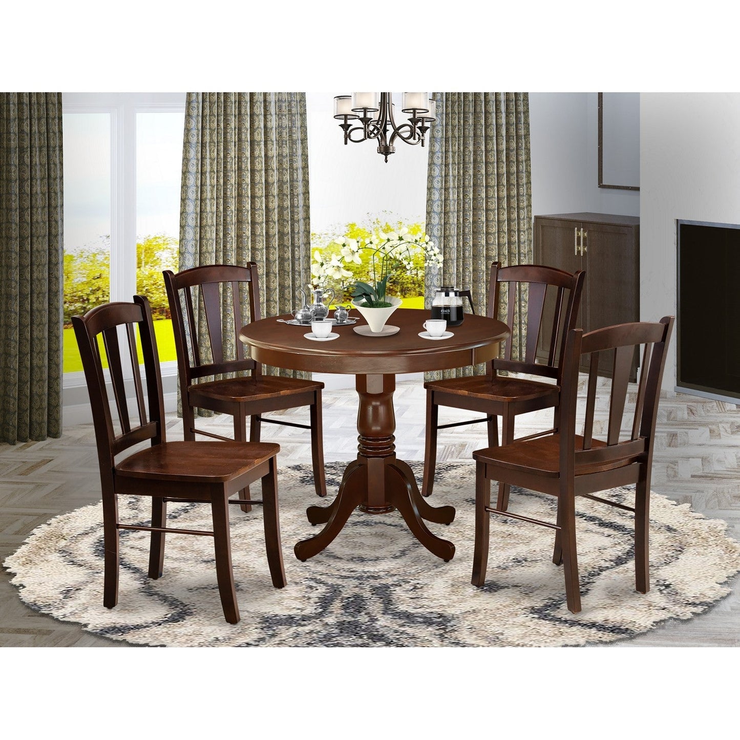 EAST WEST FURNITURE - ANDL5-MAH-W - 5-Piece Dining Room Table Set- 4 Wooden Chairs and Kitchen Table - Wooden Seat and Slatted Chair Back - Mahogany Finish