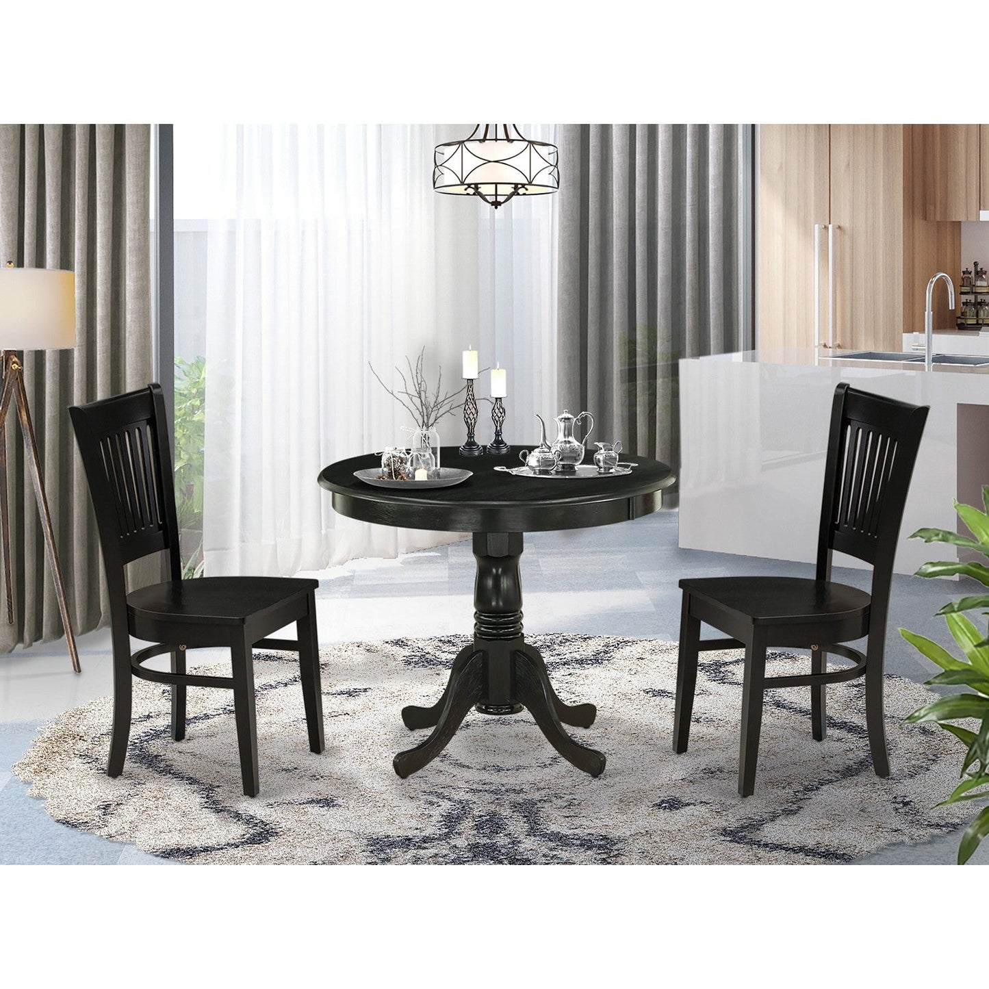 EAST WEST FURNITURE - ANVA3-BLK-W - 3-Piece Dining Room Set- 2 Kitchen Chair and Modern dining room table - Wooden Seat and Slatted Chair Back (Black Finish)
