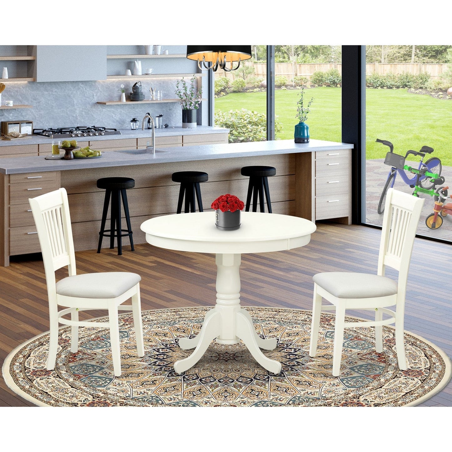 EAST WEST FURNITURE - ANVA3-LWH-C - 3-Pc Dining Room Table Set- 2 Wooden Chairs and Round Dining Table - Linen Fabric Seat and Slatted Chair Back (linen white Finish)