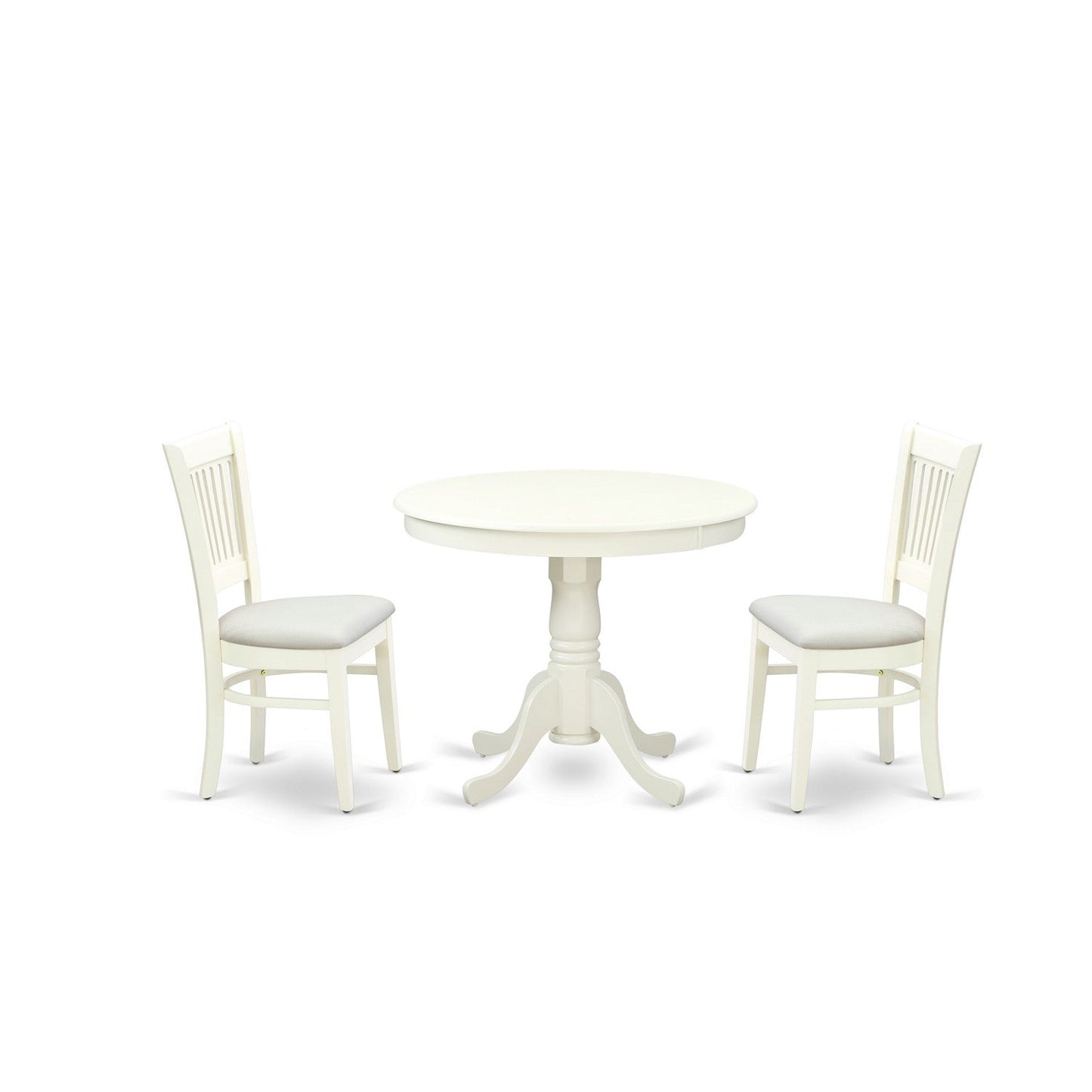 EAST WEST FURNITURE - ANVA3-LWH-C - 3-Pc Dining Room Table Set- 2 Wooden Chairs and Round Dining Table - Linen Fabric Seat and Slatted Chair Back (linen white Finish)