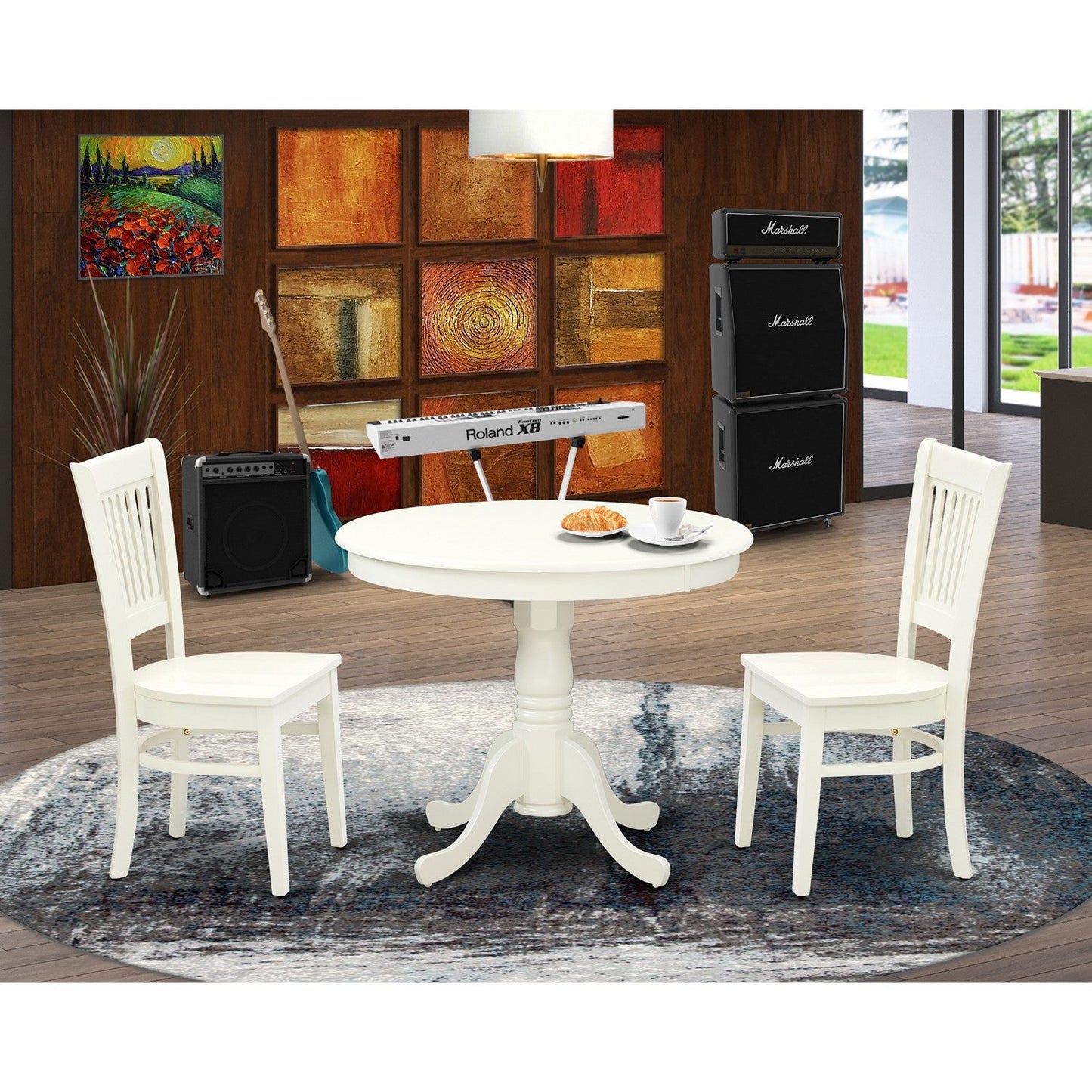EAST WEST FURNITURE - ANVA3-LWH-W - 3-Pc Kitchen Dining Table Set- 2 Modern dining room chairs and Dining Room Table - Wooden Seat and Slatted Chair Back (linen white Finish)