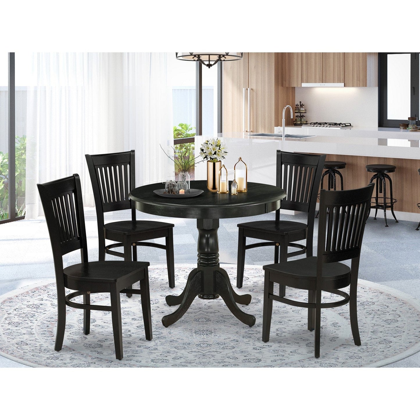 EAST WEST FURNITURE - ANVA5-BLK-W - 5-Pc Dining Room Table Set- 4 dining room chairs and Dining Room Table - Wooden Seat and Slatted Chair Back (Black Finish)