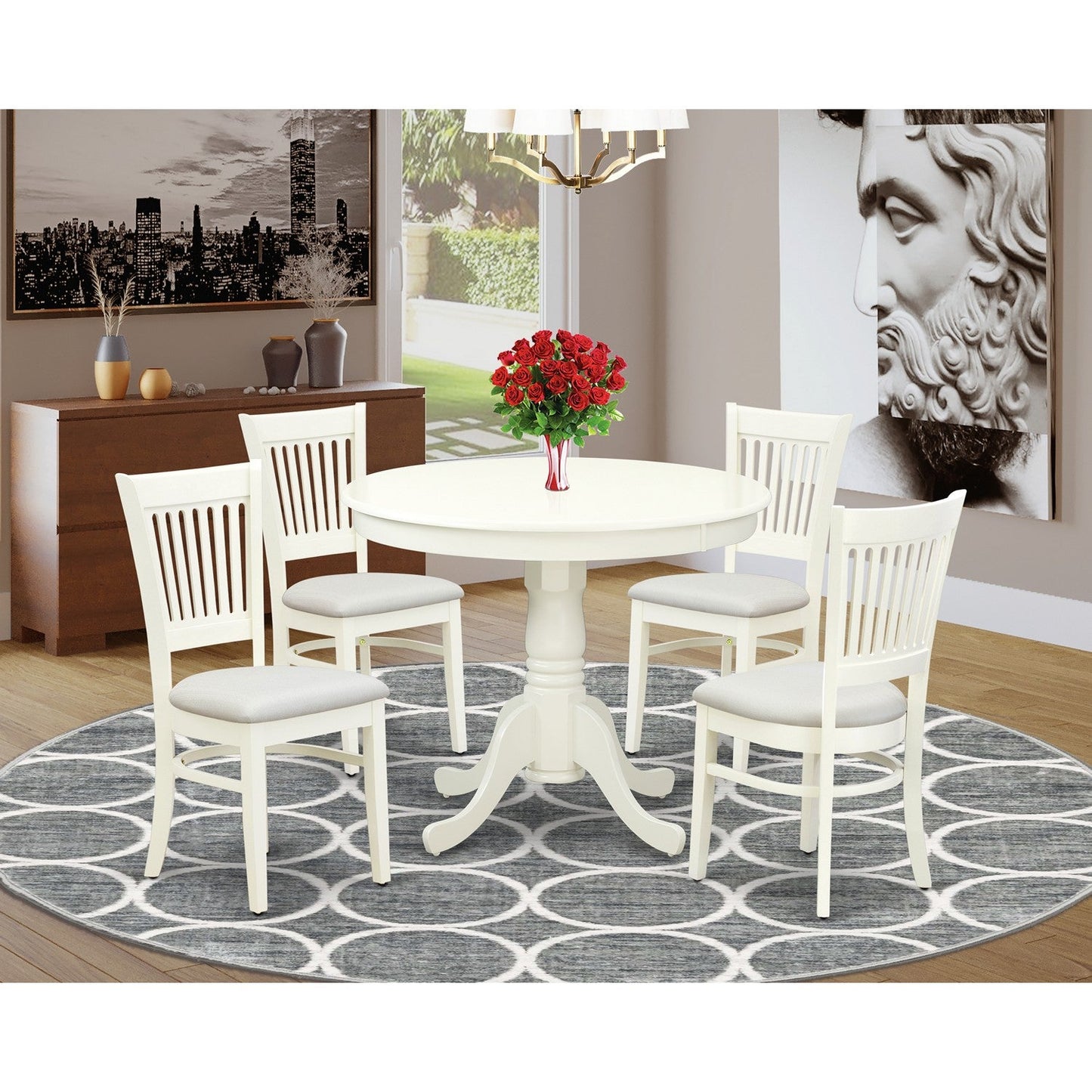EAST WEST FURNITURE - ANVA5-LWH-C - 5-Piece Dining Table Set- 4 dining room chairs and Wooden Dining Table - Linen Fabric Seat and Slatted Chair Back (linen white Finish)