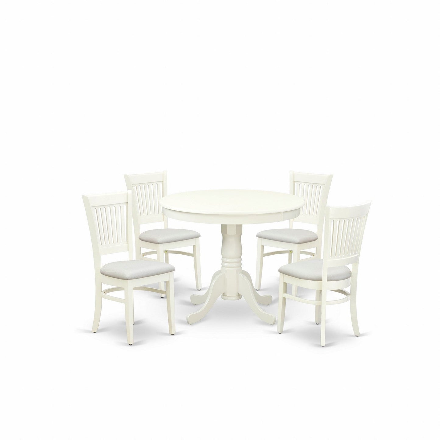 EAST WEST FURNITURE - ANVA5-LWH-C - 5-Piece Dining Table Set- 4 dining room chairs and Wooden Dining Table - Linen Fabric Seat and Slatted Chair Back (linen white Finish)