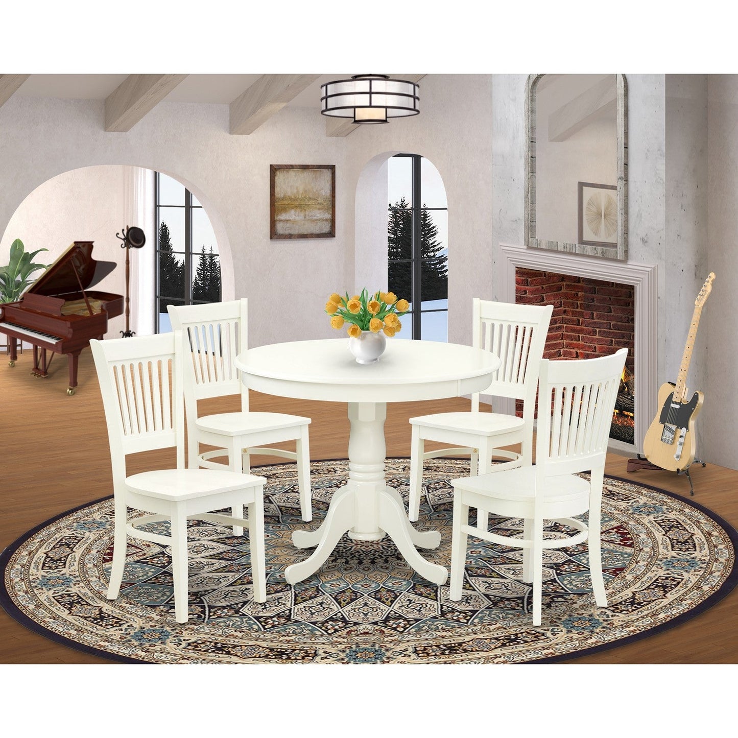 EAST WEST FURNITURE - ANVA5-LWH-W - 5-Piece Kitchen Dining Set- 4 Wooden Chairs and Dining Room Table - Wooden Seat and Slatted Chair Back (linen white Finish)