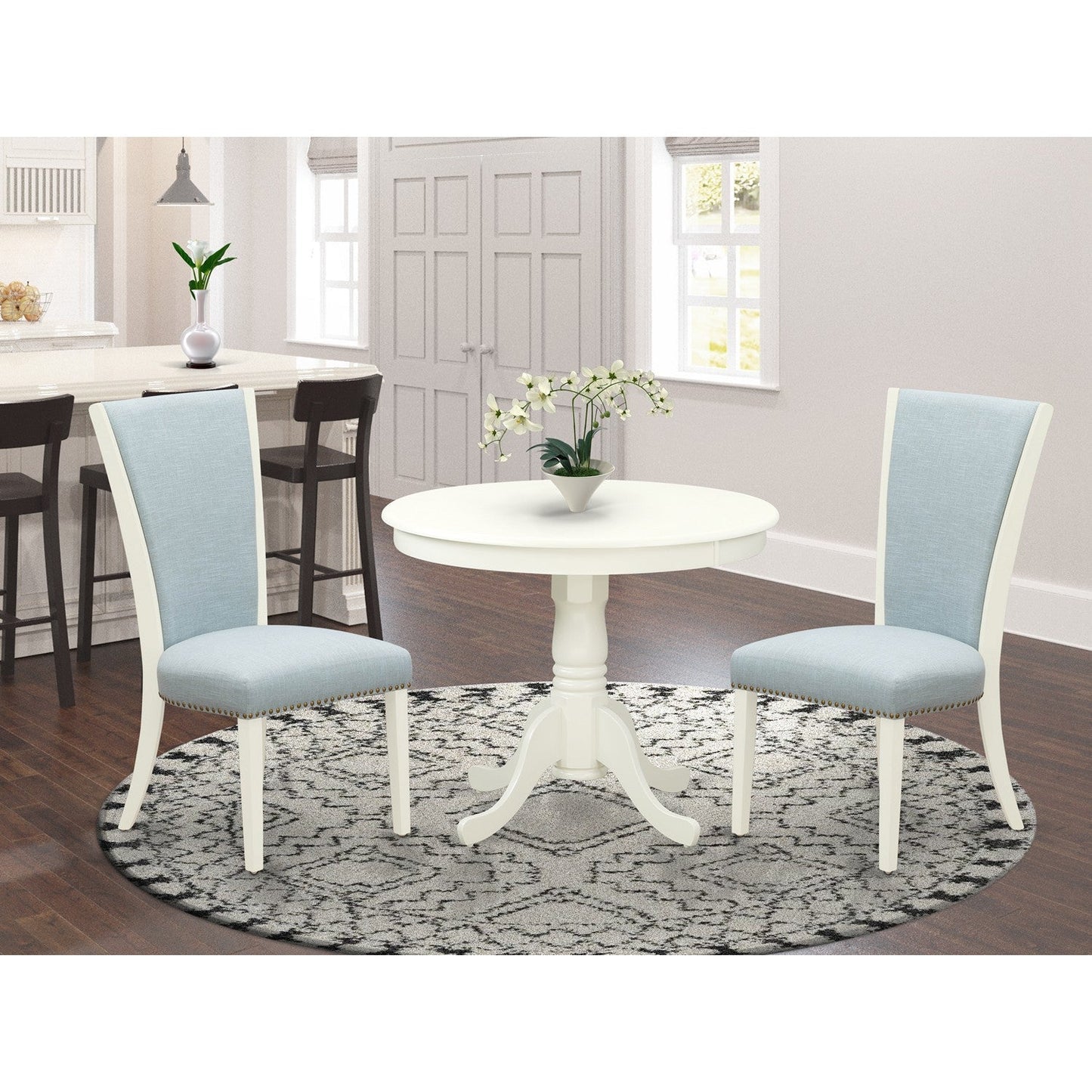 EAST WEST FURNITURE - ANVE3-LWH-15 - 3 Pc Dining Room Set - 2 Baby Blue Linen Fabric Dining Chairs with High Back and 1 Removable leaf Dining Room Table - linen white Finish