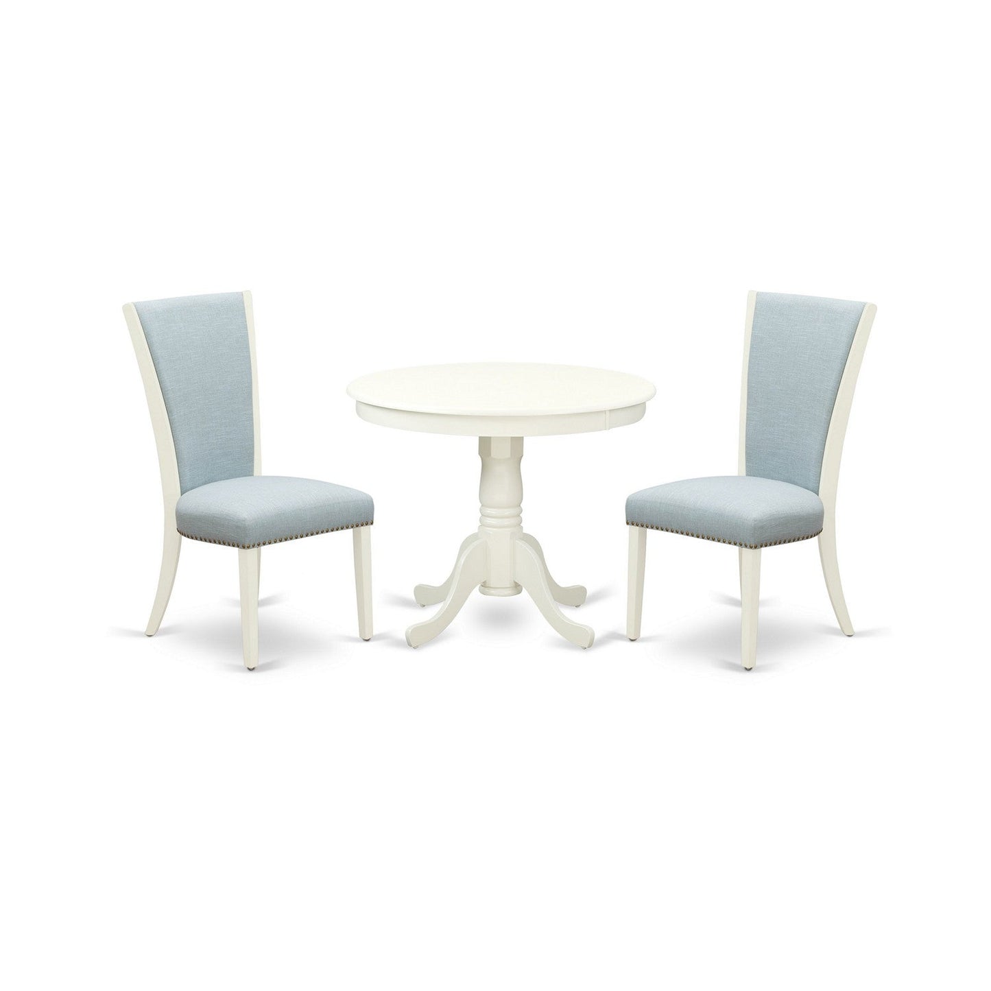 EAST WEST FURNITURE - ANVE3-LWH-15 - 3 Pc Dining Room Set - 2 Baby Blue Linen Fabric Dining Chairs with High Back and 1 Removable leaf Dining Room Table - linen white Finish