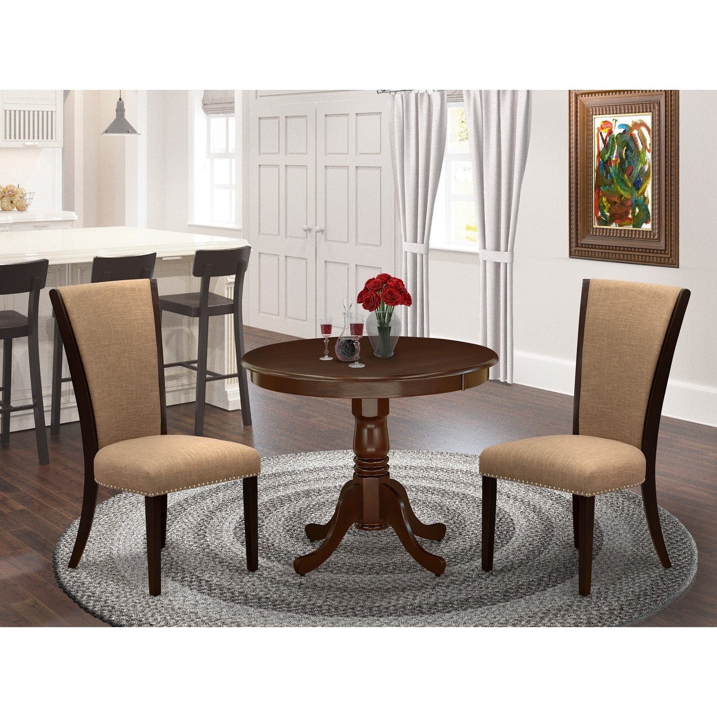 EAST WEST FURNITURE - ANVE3-MAH-47 - 3 Pc Kitchen Dining Set - 2 Light Sable Linen Fabric Parson Dining Chairs with High Back and 1 Modern Kitchen Table - Mahogany Finish