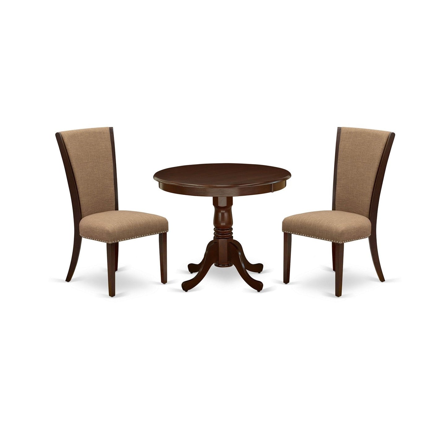 EAST WEST FURNITURE - ANVE3-MAH-47 - 3 Pc Kitchen Dining Set - 2 Light Sable Linen Fabric Parson Dining Chairs with High Back and 1 Modern Kitchen Table - Mahogany Finish