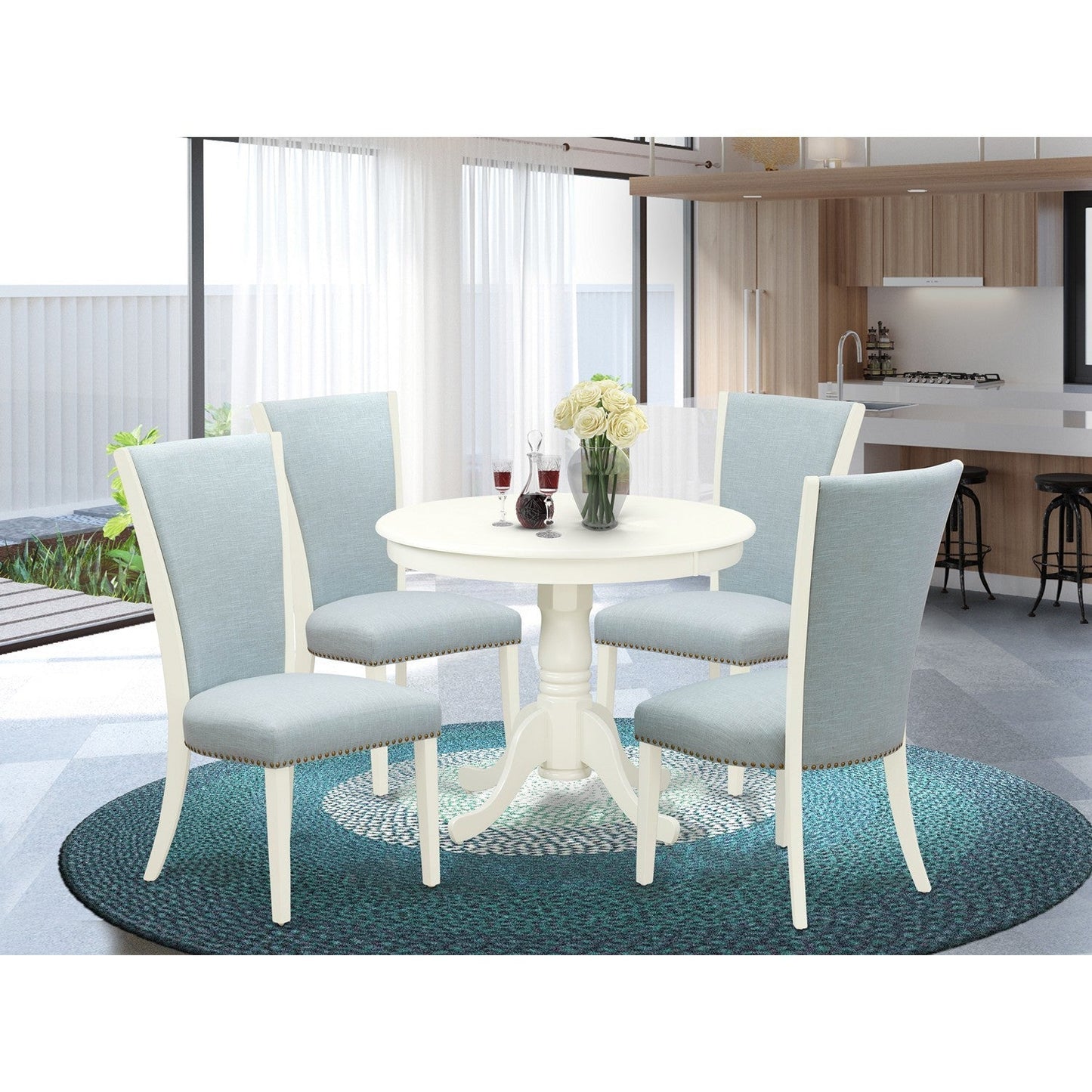 EAST WEST FURNITURE - ANVE5-LWH-15 - 5 Piece Dining Room Set - 4 Baby Blue Linen Fabric Kitchen Chairs with High Back and 1 Modern Dining Room Table - linen white Finish