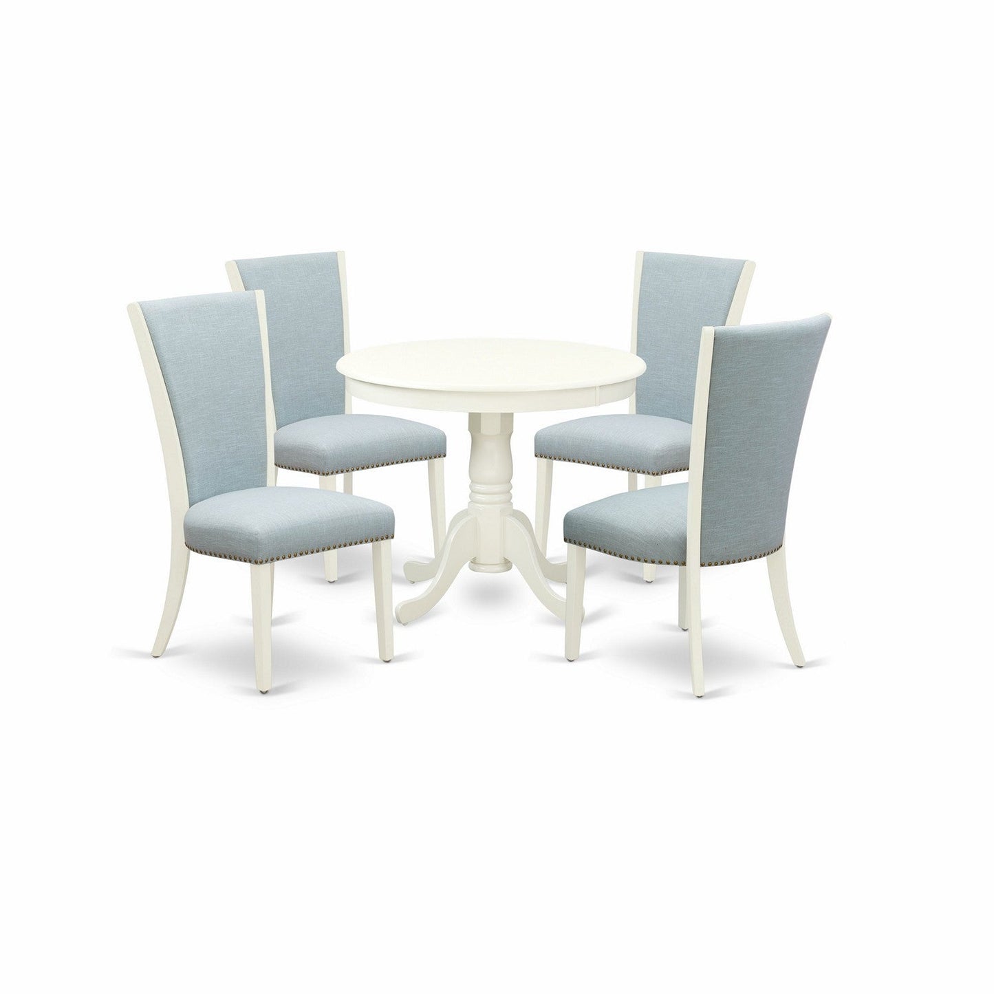 EAST WEST FURNITURE - ANVE5-LWH-15 - 5 Piece Dining Room Set - 4 Baby Blue Linen Fabric Kitchen Chairs with High Back and 1 Modern Dining Room Table - linen white Finish