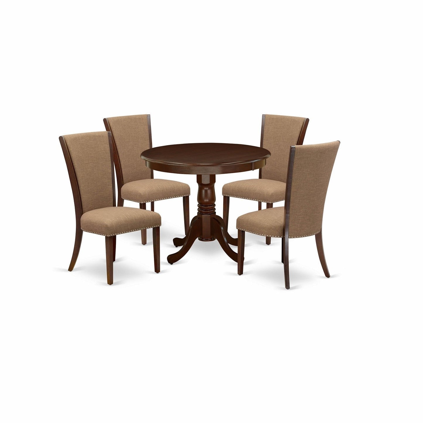 EAST WEST FURNITURE - ANVE5-MAH-47 - 5 Piece Dining Table Set - 4 Light Sable Linen Fabric Kitchen Chairs with High Back and 1 Dining Room Table - Mahogany Finish