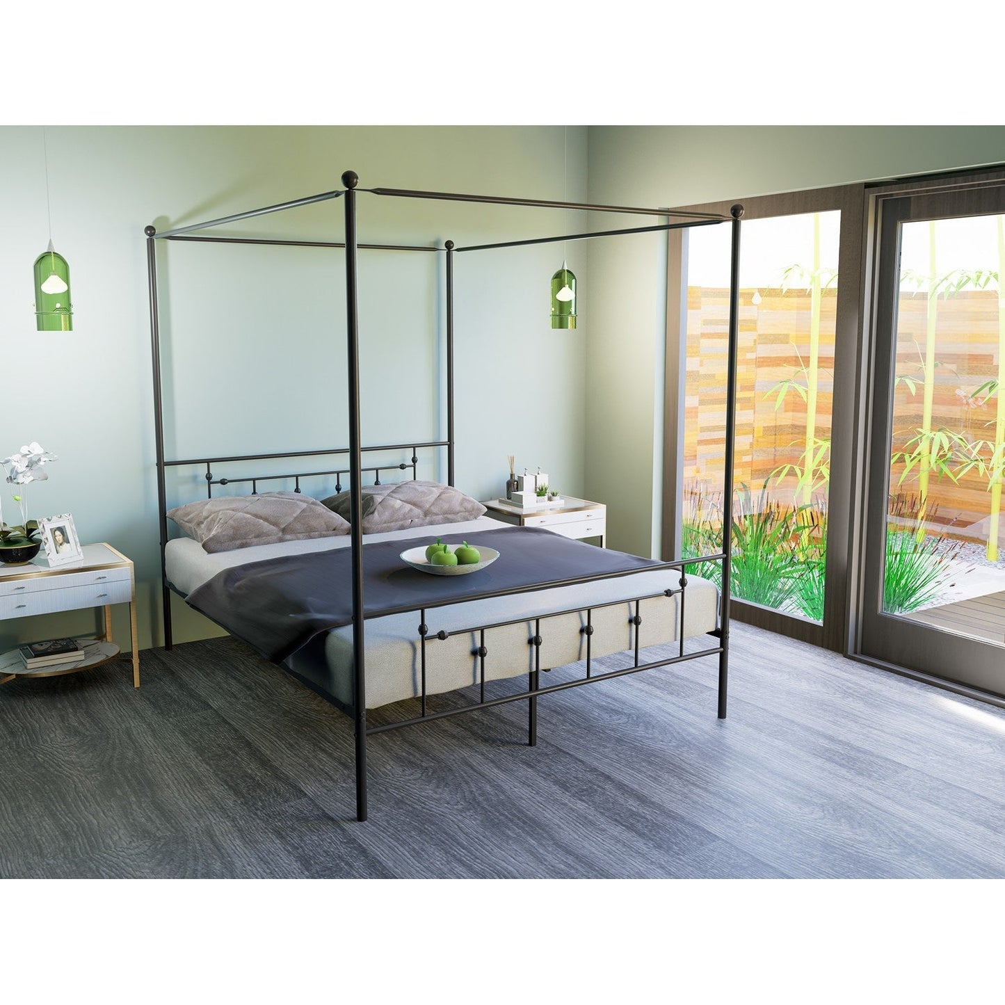 EAST WEST FURNITURE - ATQCBLK - Anniston Canopy Bed with Deluxe Style Headboard and Footboard - Luxurious Metal Frame in Powder Coating Black
