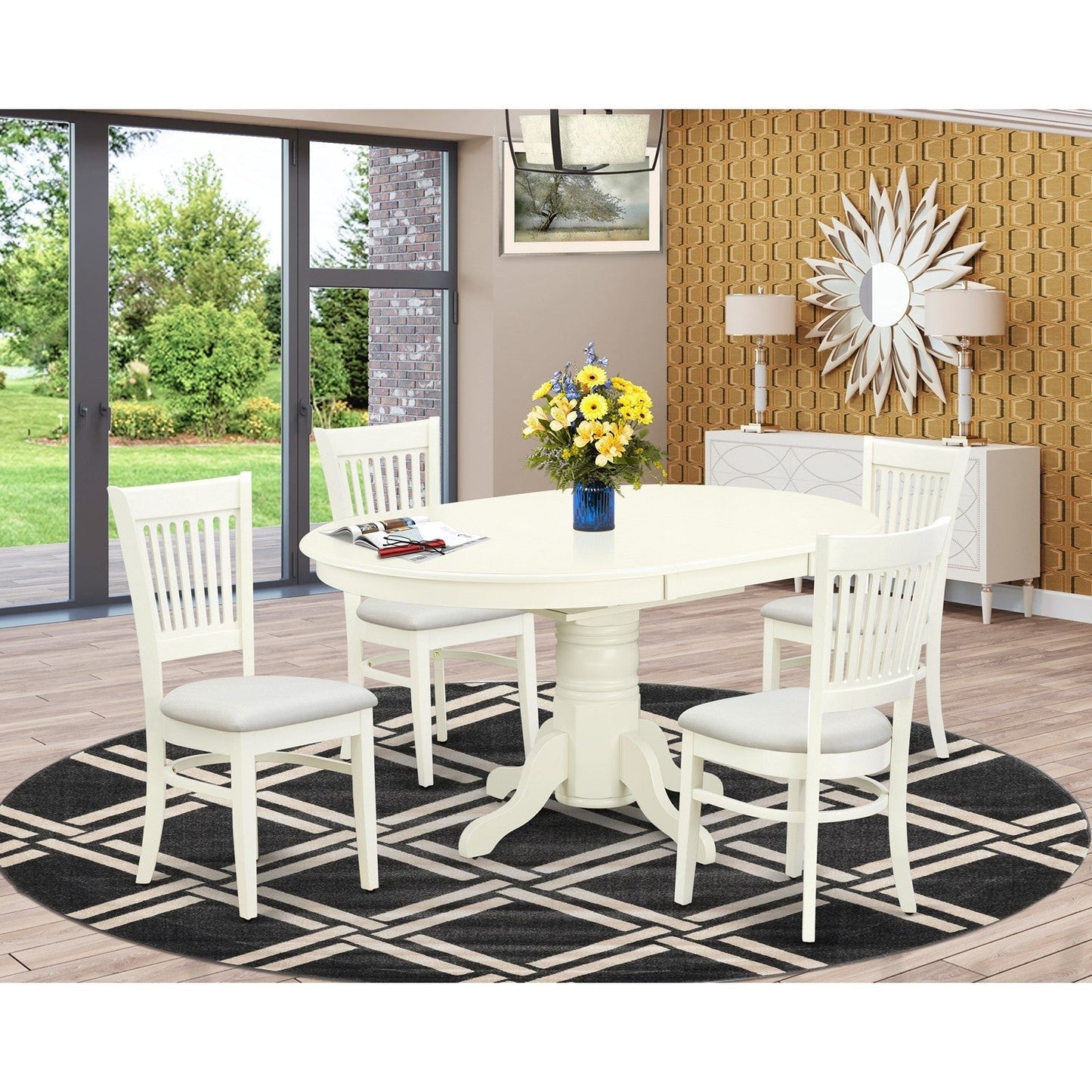 EAST WEST FURNITURE - AVVA5-LWH-C - 5-Pc Dinette Room Set- 4 Mid Century Dining Chairs with Linen Fabric Seat and Slatted Chair Back - Removable leaf Wood Dining Table - linen white Finish