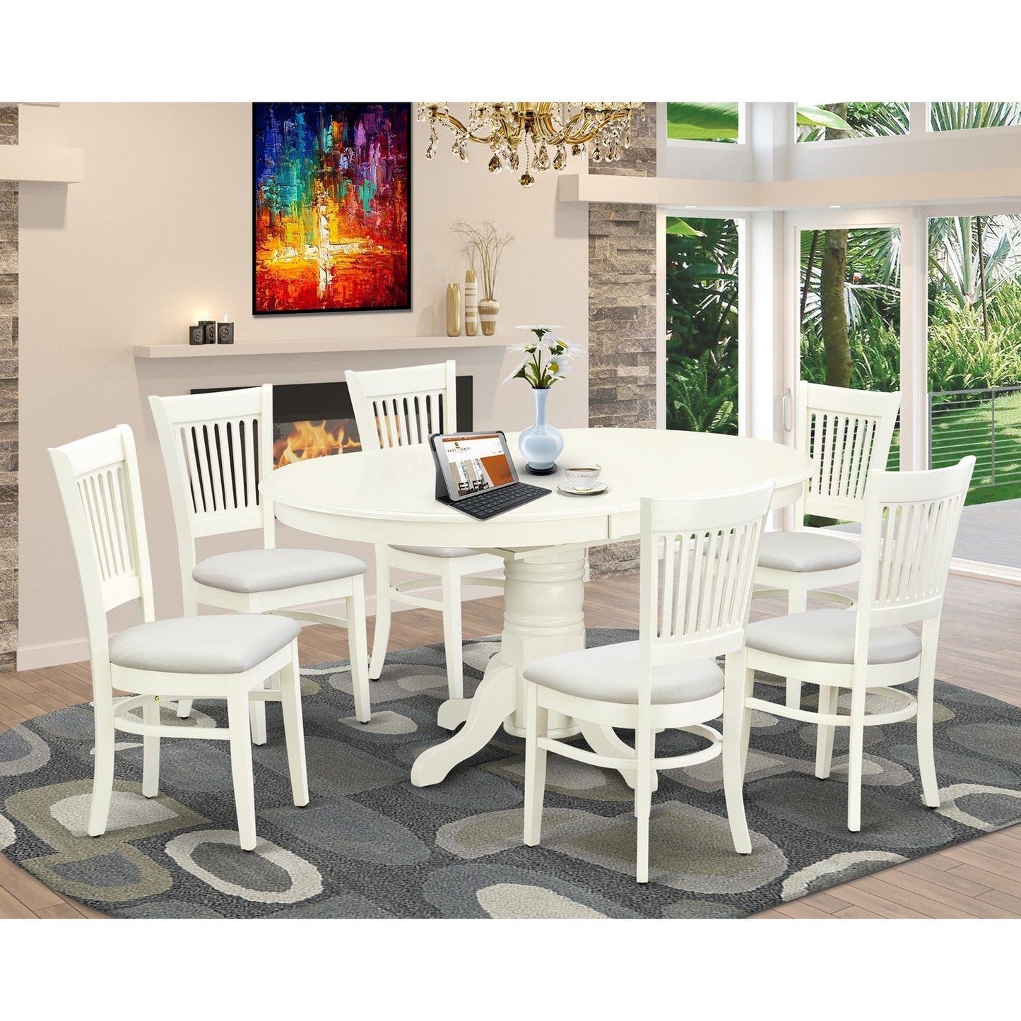 EAST WEST FURNITURE - AVVA7-LWH-C - 7-Piece Dining Table Set- 6 Dining Chairs with Linen Fabric Seat and Slatted Chair Back - Removable leaf Modern Oval Dining Table - linen white Finish