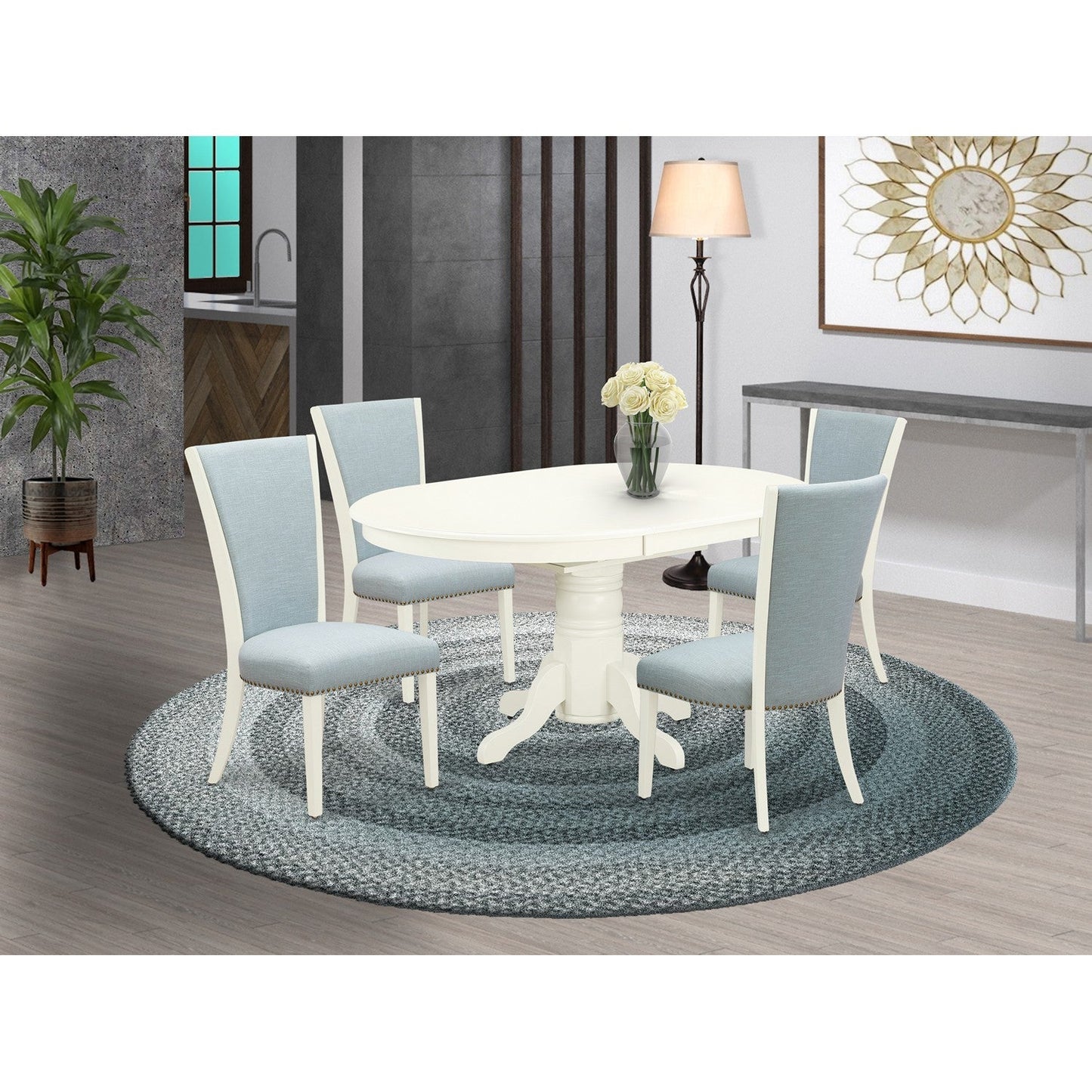 EAST WEST FURNITURE - AVVE5-LWH-15 - 5 Pc Dining Room Table Set - 4 Baby Blue Linen Fabric Dining Padded Chairs with High Back and 1 Removable leaf Oval Dining Table - linen white Finish