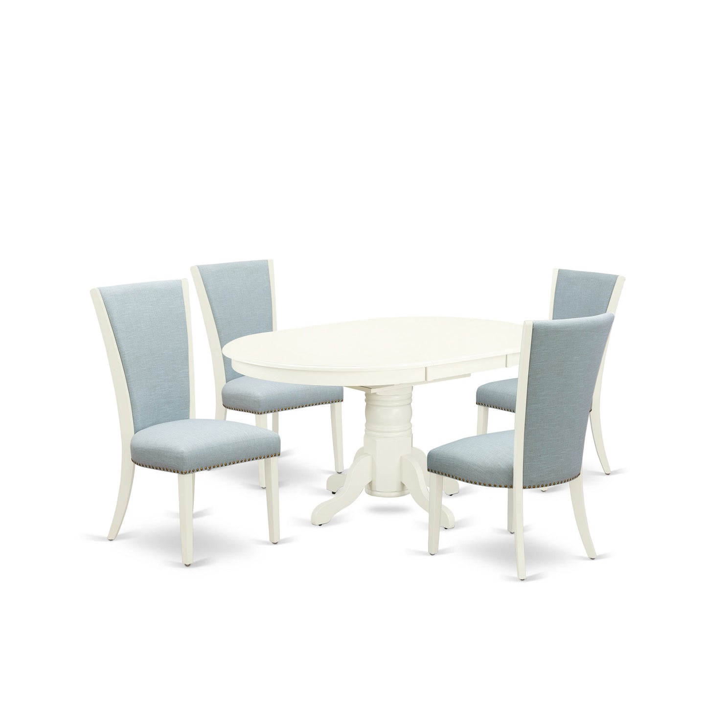 EAST WEST FURNITURE - AVVE5-LWH-15 - 5 Pc Dining Room Table Set - 4 Baby Blue Linen Fabric Dining Padded Chairs with High Back and 1 Removable leaf Oval Dining Table - linen white Finish