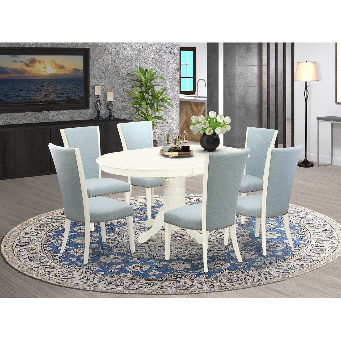 EAST WEST FURNITURE - AVVE7-LWH-15 - 7 Piece Dining Room Table Set - 6 Baby Blue Linen Fabric Dining Room Chairs with High Back and 1 Oval Dining Table - Removable leaf - linen white Finish