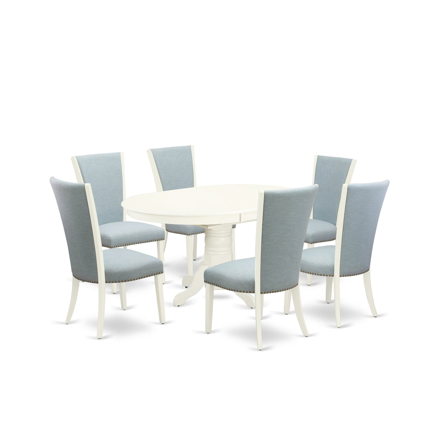 EAST WEST FURNITURE - AVVE7-LWH-15 - 7 Piece Dining Room Table Set - 6 Baby Blue Linen Fabric Dining Room Chairs with High Back and 1 Oval Dining Table - Removable leaf - linen white Finish