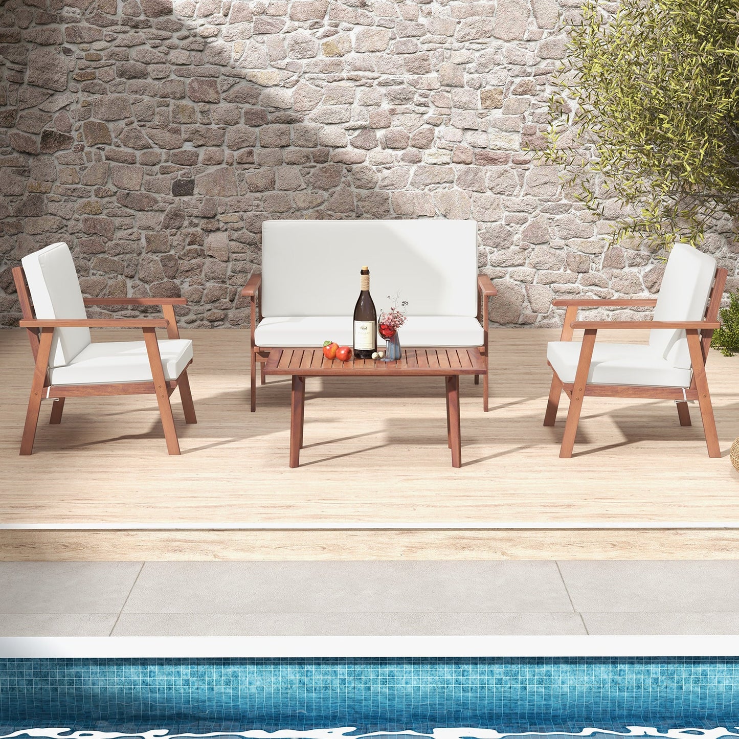 4 Piece Outdoor Acacia Wood Conversation Set with Soft Seat and Back Cushions
