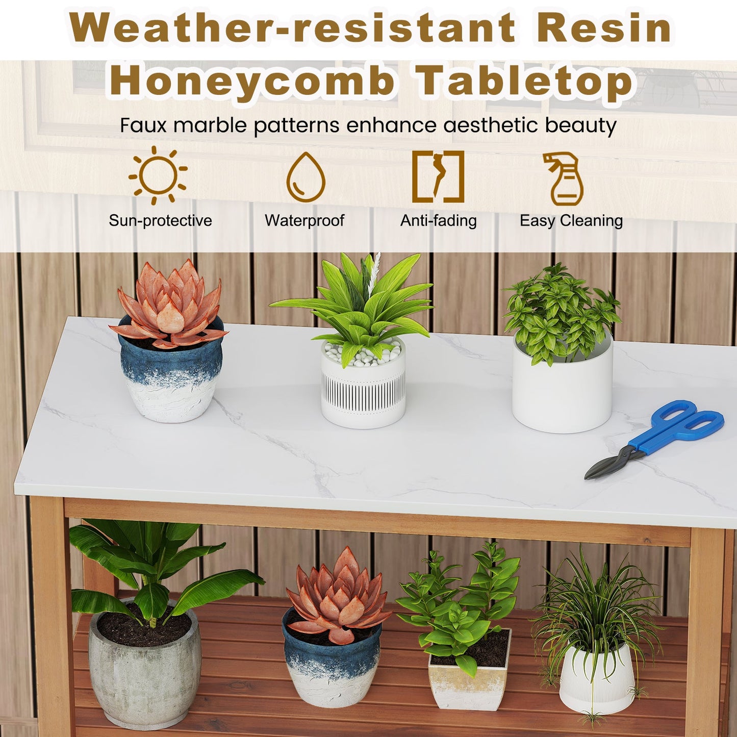 Outdoor Potting Bench Acacia Wood Garden Potting Table Planting Work Bench Station with Louvered Doors