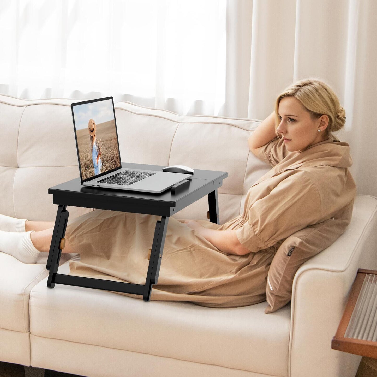 Bamboo Laptop Lap Tray with Adjustable Legs and Tilting Heat-dissipation Top
