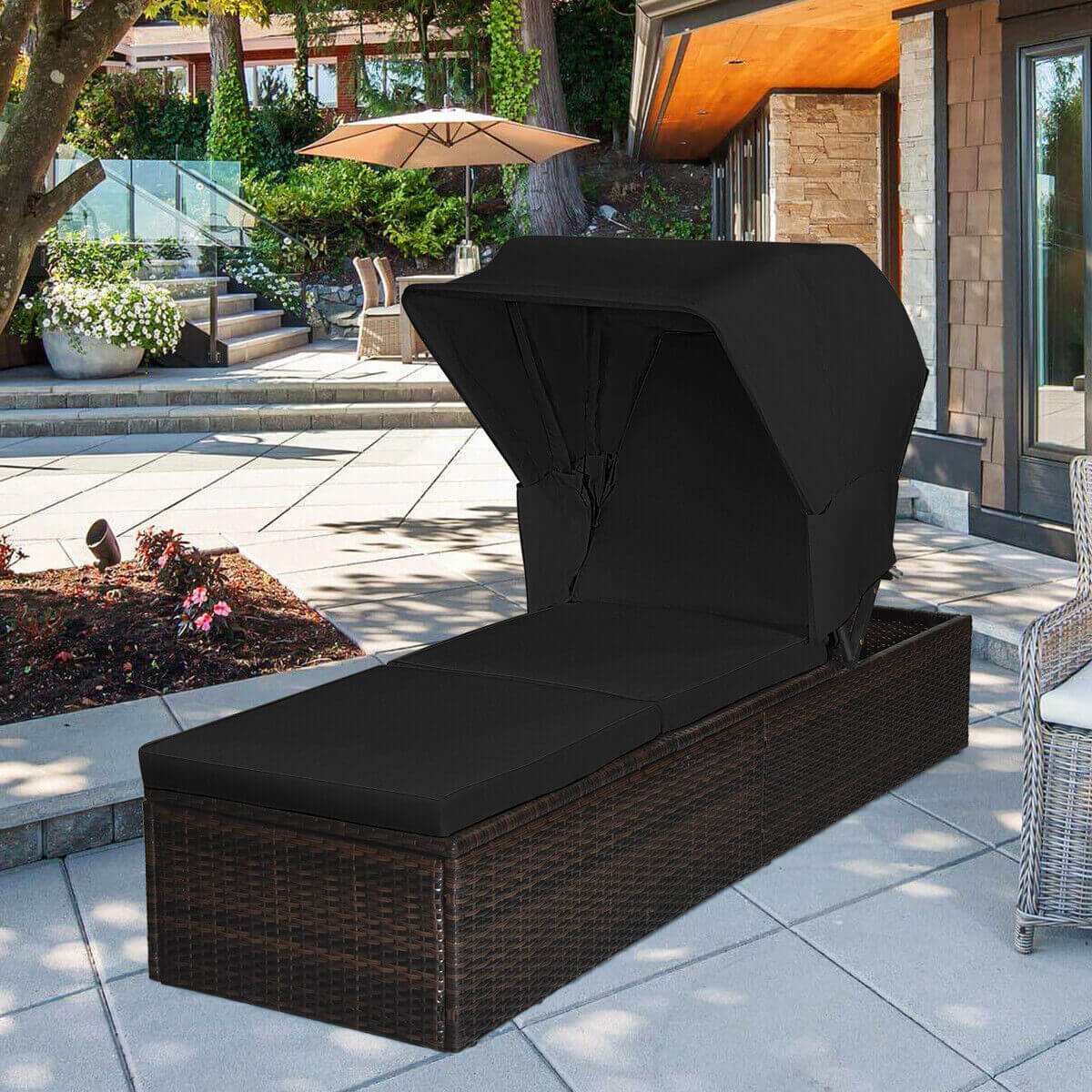 Outdoor Chaise Lounge Chair with Folding Canopy