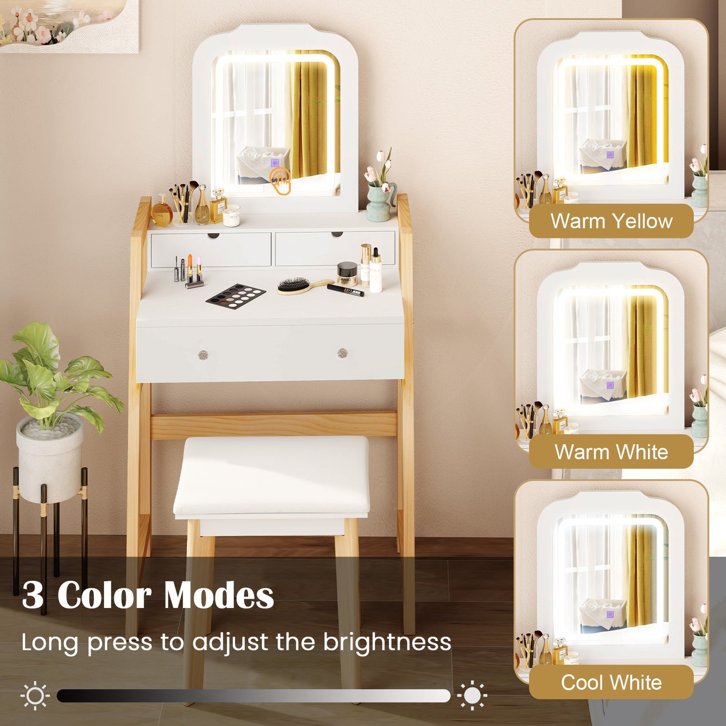 Adjustable Height Vanity Desk Set with 3-Color LED Lighted Mirror and Drawers-White