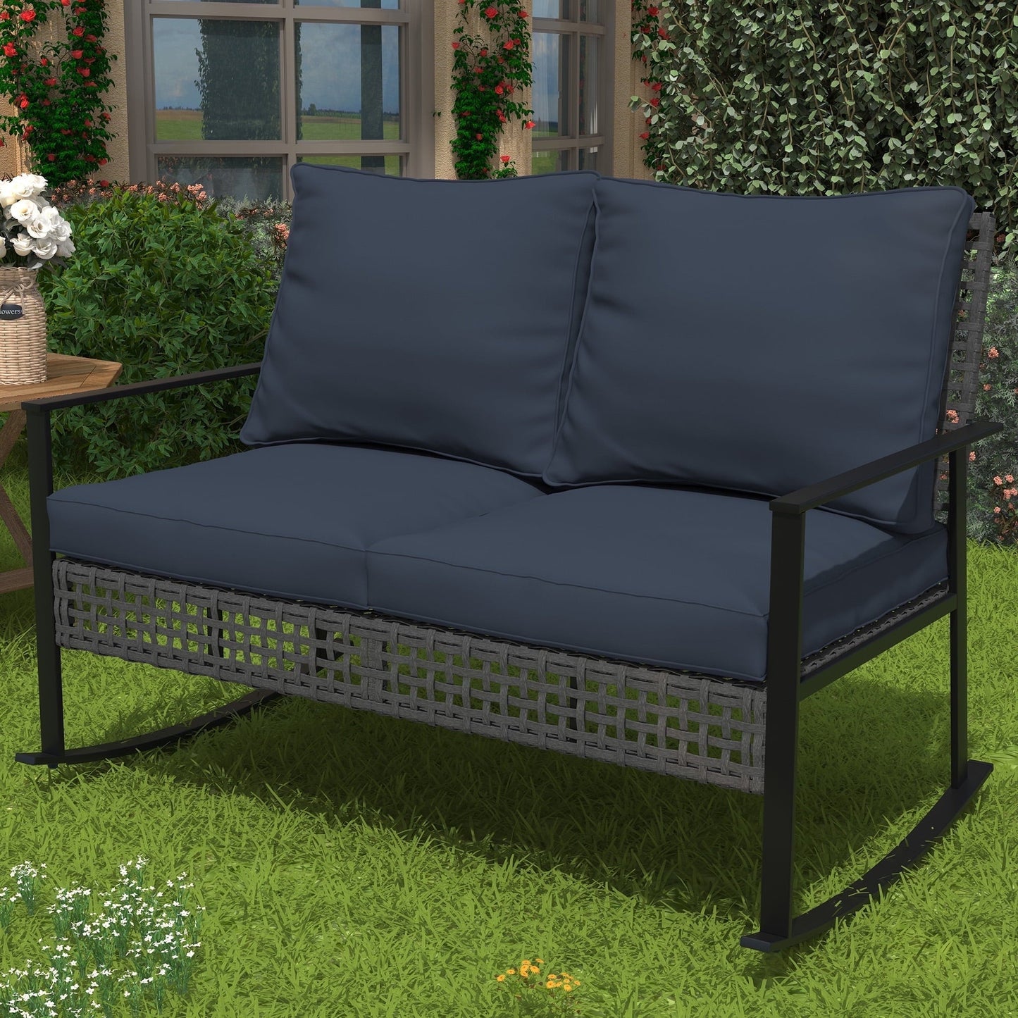Ainfox Outdoor Patio Furniture Rocking Loveseat, Wicker Rattan Sofa