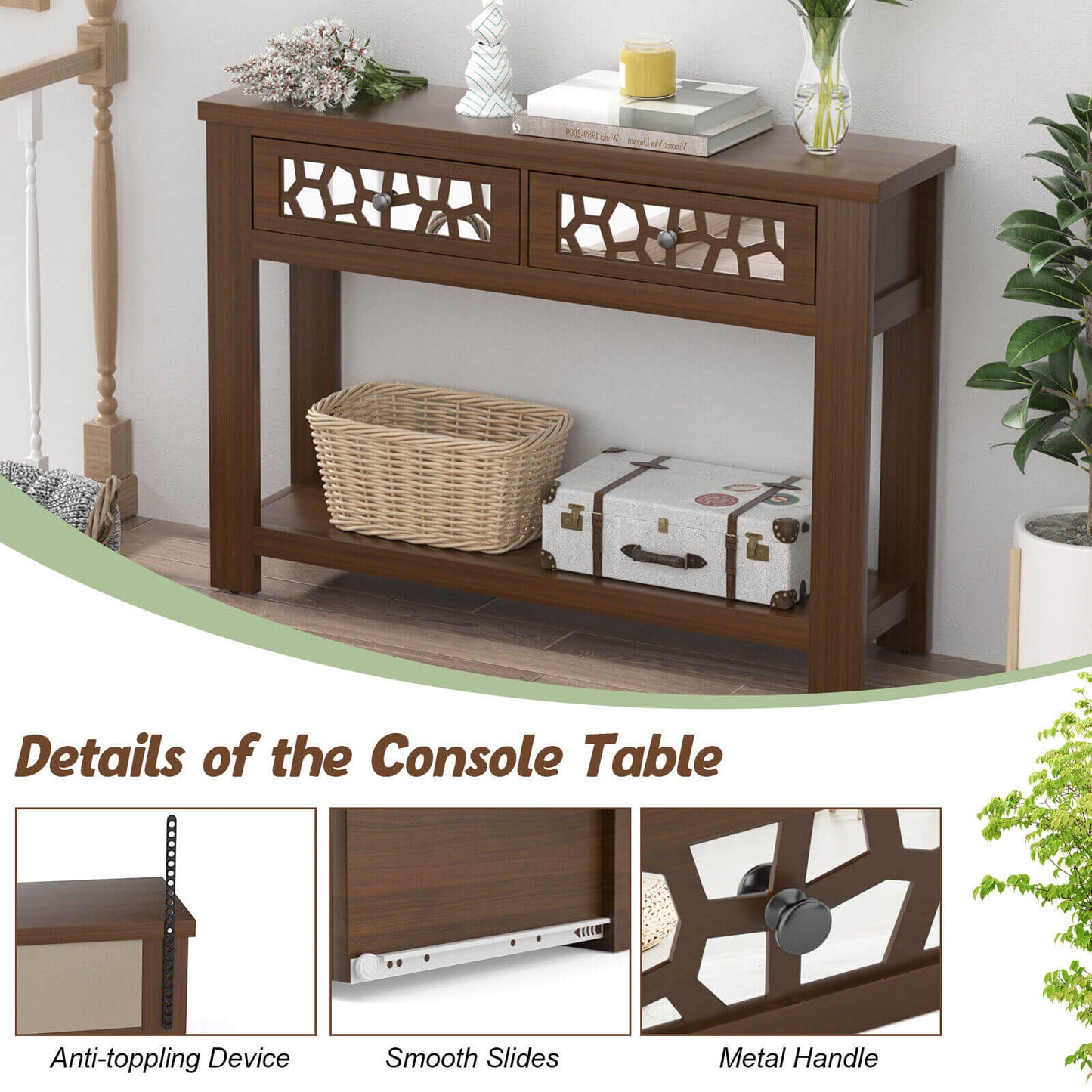 2-Tier Console Table with Drawers and Open Storage Shelf