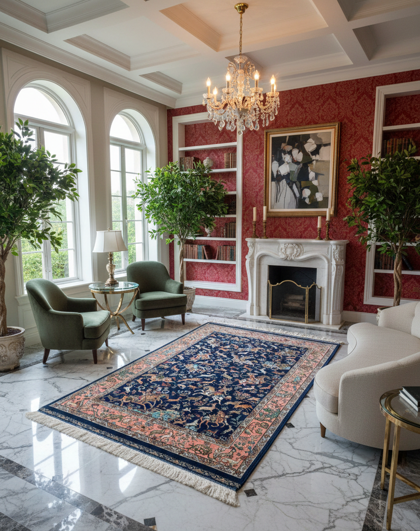 Exquisite 100% Silk Persian Design Rug – Elegant and Luxurious, size 4" x 6" (H)