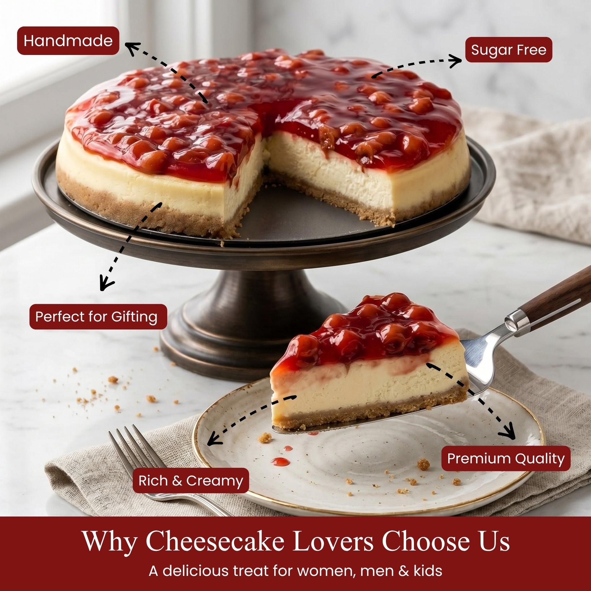 Andy Anand Sugar-Free Cherry Cheesecake, 9-Inch, 3.4 lb – Diabetic-Friendly, Freshly Baked, California Cream Cheese, All-Natural Gift Box