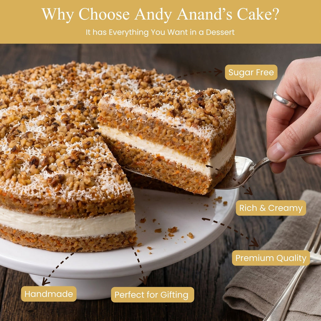Andy Anand Sugar-Free Carrot Cake, 9-Inch, 3.2 lb – Moist & Flavorful, Diabetic-Friendly, All-Natural, No Preservatives, Birthday Gift Box
