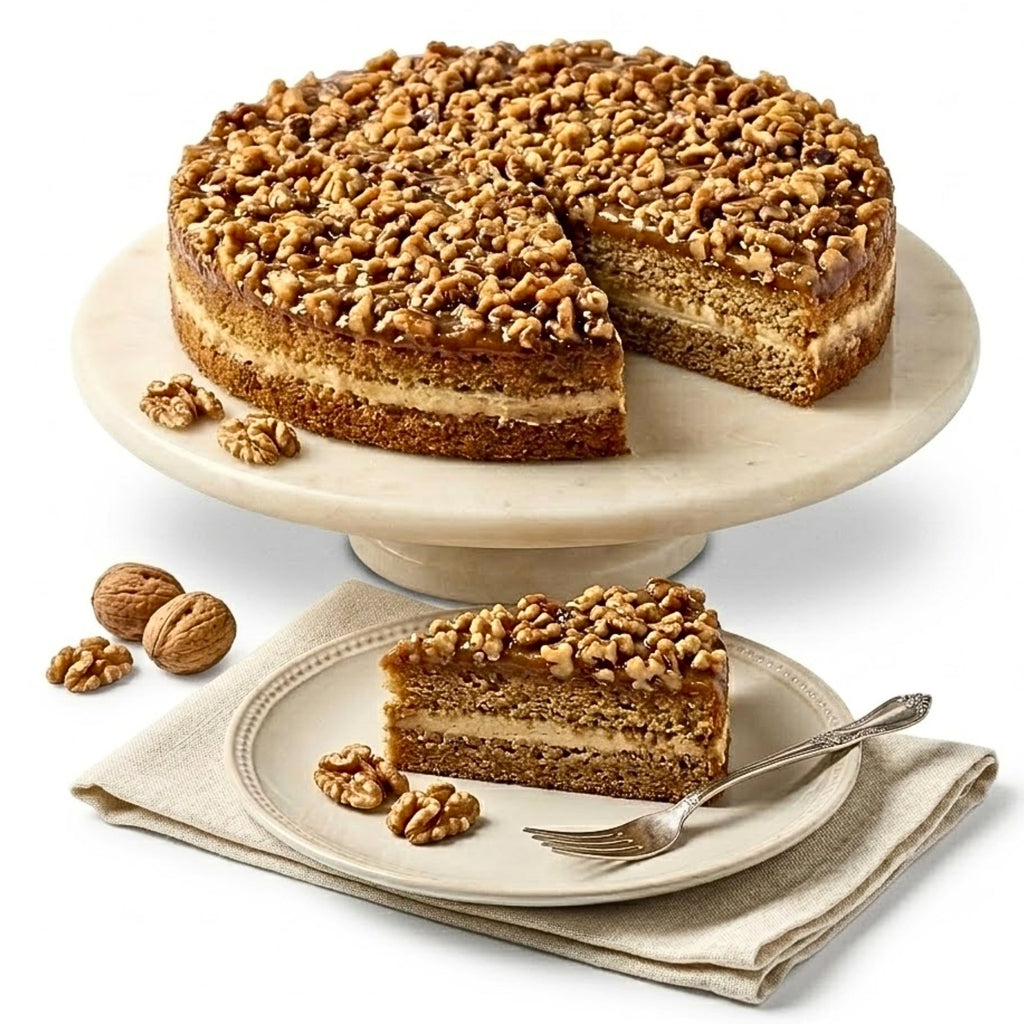 Andy Anand Gluten-Free Dairy-Free Caramel Walnut Cake, 9-Inch – Vegan-Hand-Baked, Real Walnuts & Caramel Drizzle, No Preservatives, Birthday Gift