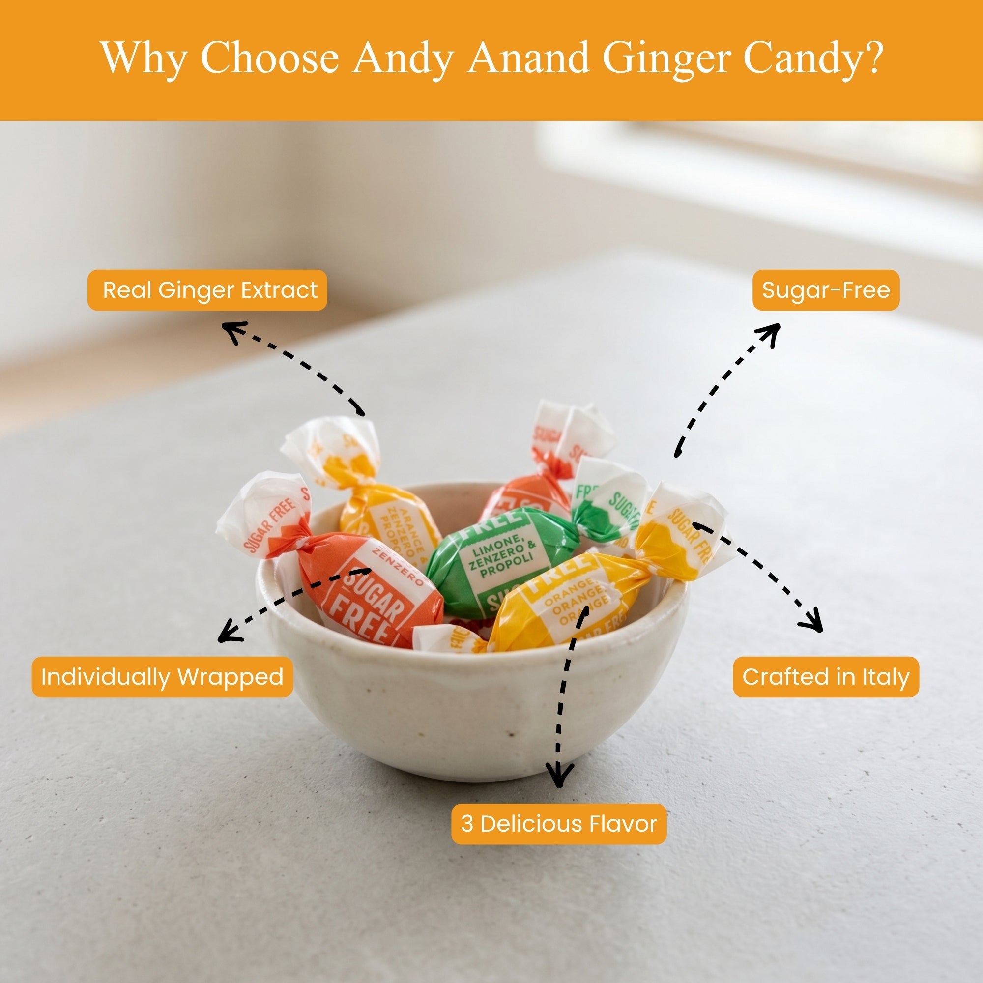 Andy Anand Sugar-Free Ginger Candy, 55 pc, 7 oz – Orange, Mango & Lemon Flavors, Made in Italy, Imported Keto & Diabetic-Friendly Gift Box