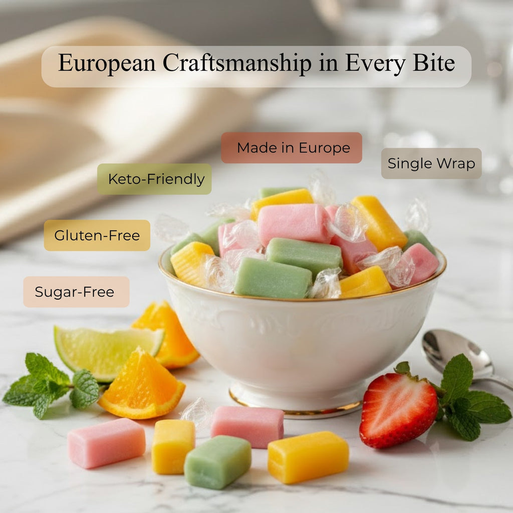 Andy Anand Sugar-Free European Fruit Taffy Toffees, 35 pc, 7 oz – Strawberry, Orange & Lemon, Gluten-Free, Diabetic-Friendly Gift Box