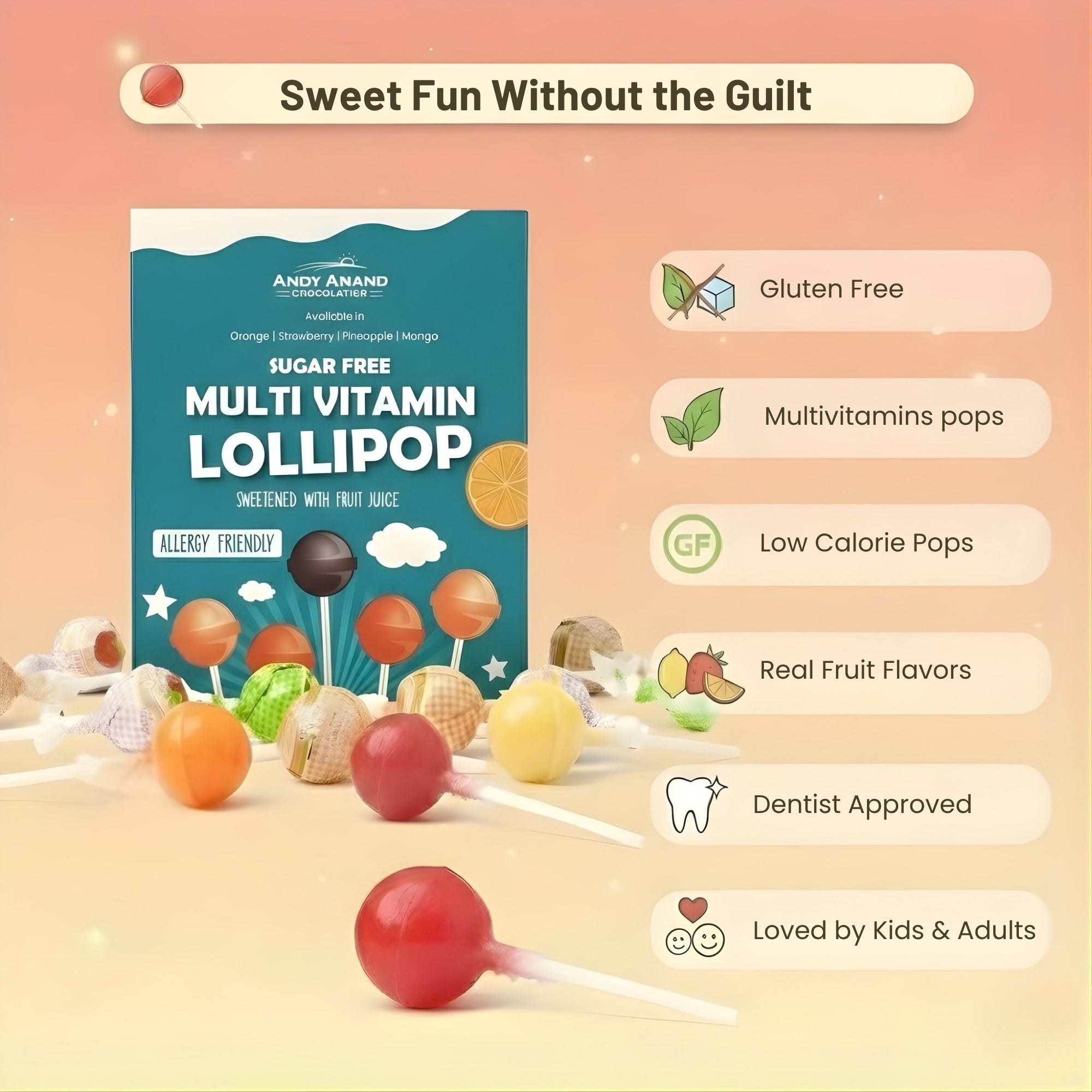 Andy Anand  Multivitamin Lollipops, 29 ct, 8.8 oz – Real Fruit Juice, Keto, Kids Multivitamin Support, Birthday & Holiday Gift