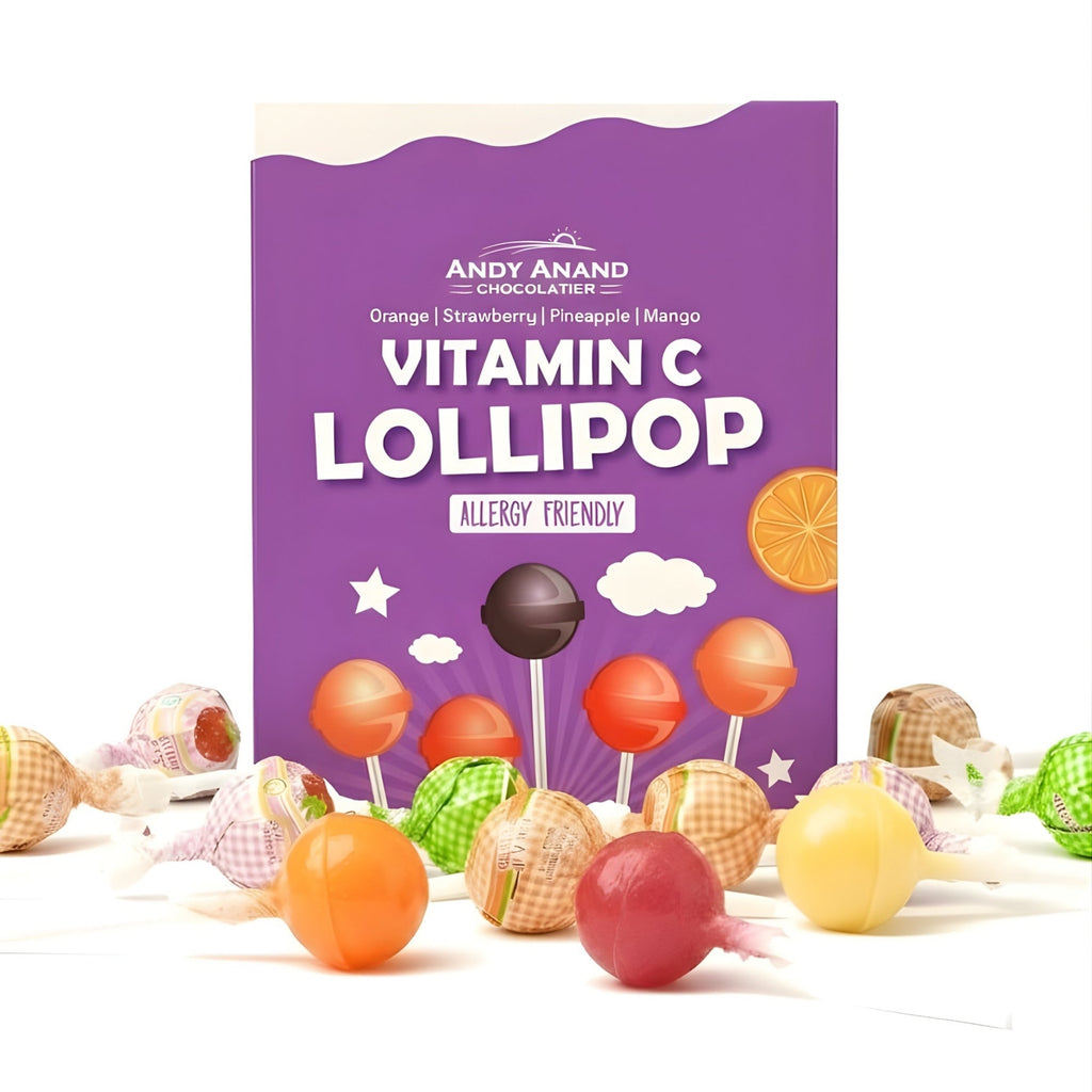 Andy Anand Vitamin C Lollipops, 29 ct, 8.8 oz – Real Fruit Juice, Keto, Kids Immune Support, Birthday & Holiday Gift Box
