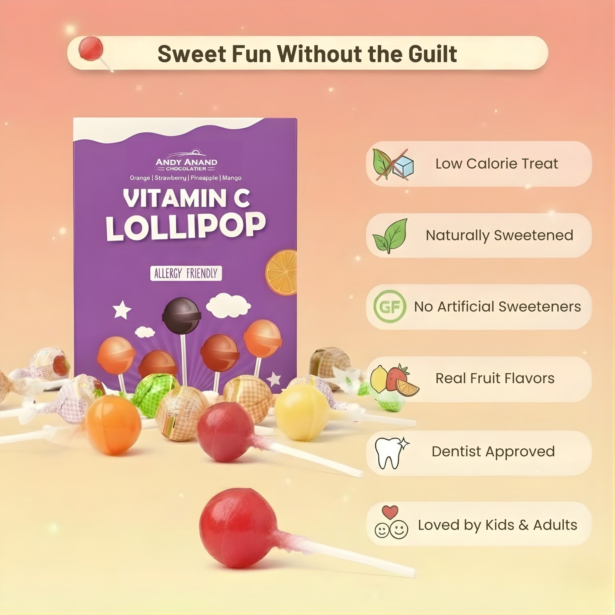 Andy Anand Vitamin C Lollipops, 29 ct, 8.8 oz – Real Fruit Juice, Keto, Kids Immune Support, Birthday & Holiday Gift Box