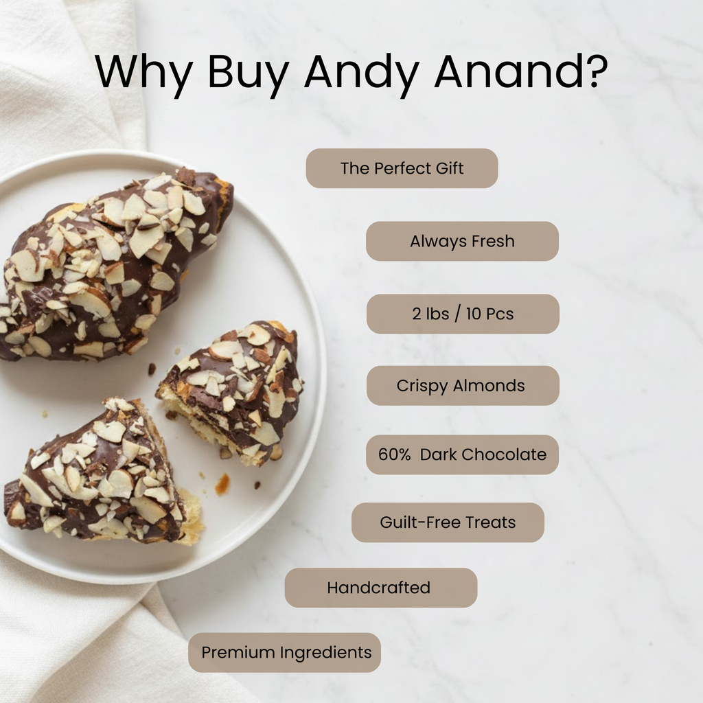 Andy Anand Dark Chocolate Almond Croissant Cake, 10 pc, 2 lb – Hand-Baked, Buttery Flaky Pastry, Toasted Almonds, Gourmet Birthday Gift Box