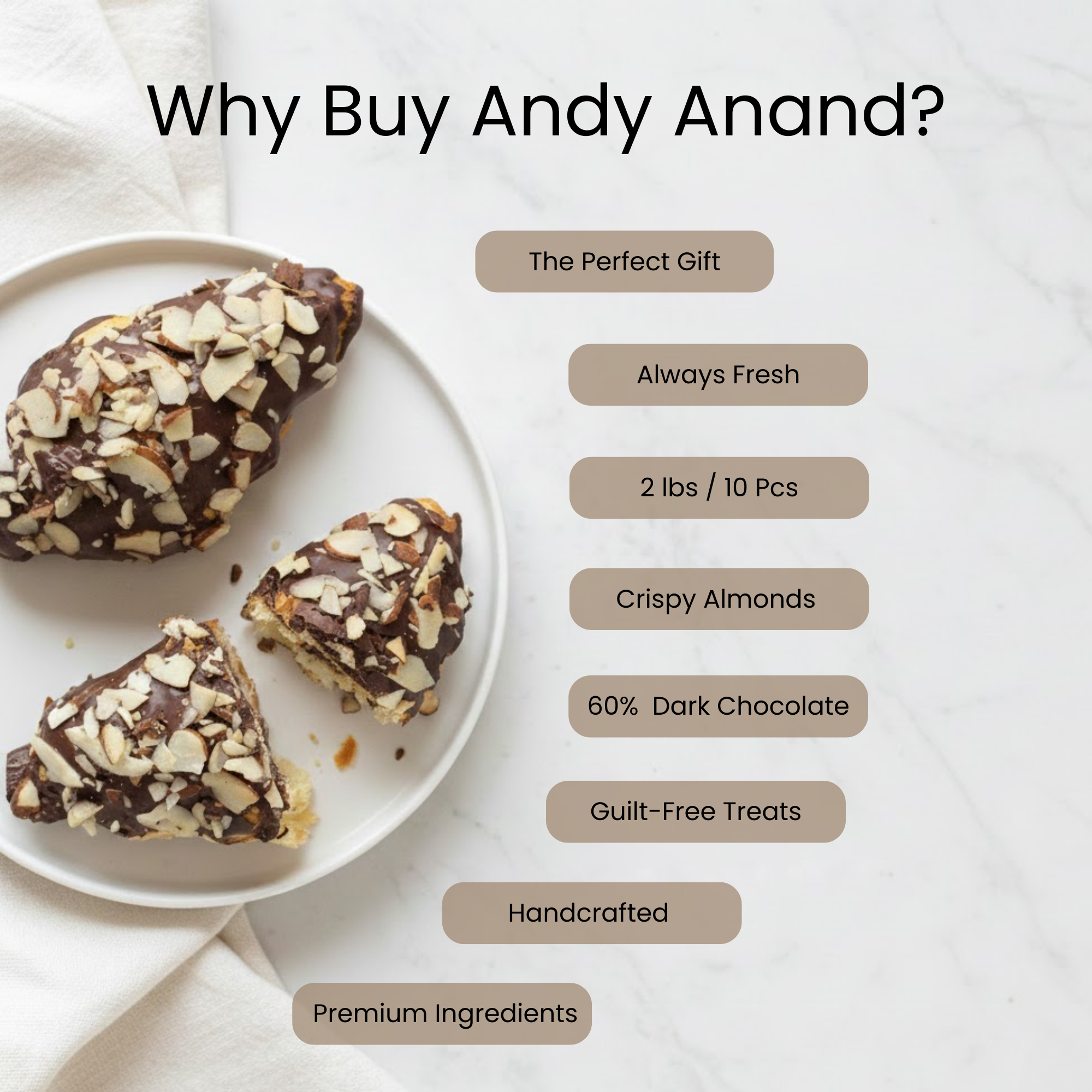 Andy Anand Dark Chocolate Almond Croissant Cake, 10 pc, 2 lb – Hand-Baked, Buttery Flaky Pastry, Toasted Almonds, Gourmet Birthday Gift Box