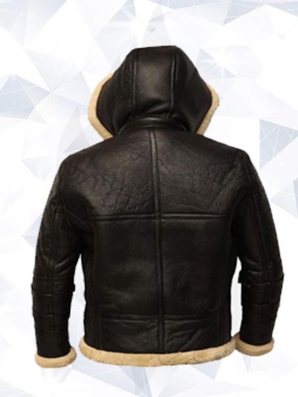 B3 Black Bomber Real Shearling Leather Jacket Removable Hooded