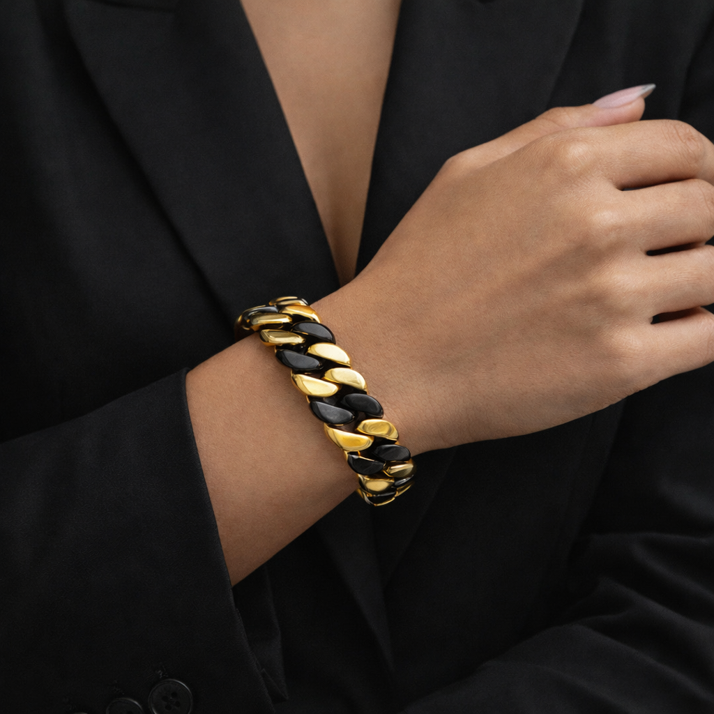 BG160BG B.Tiff High Polish 16mm Black & Gold Flat Cuban Link Bracelet
