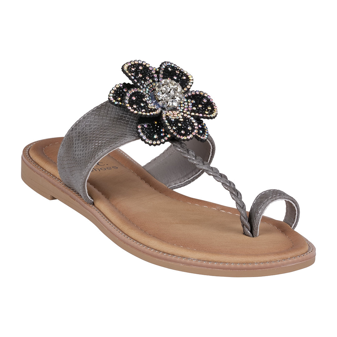 Sandales plates Femme Blossom noires ornées de fleurs avec anneau d'orteil