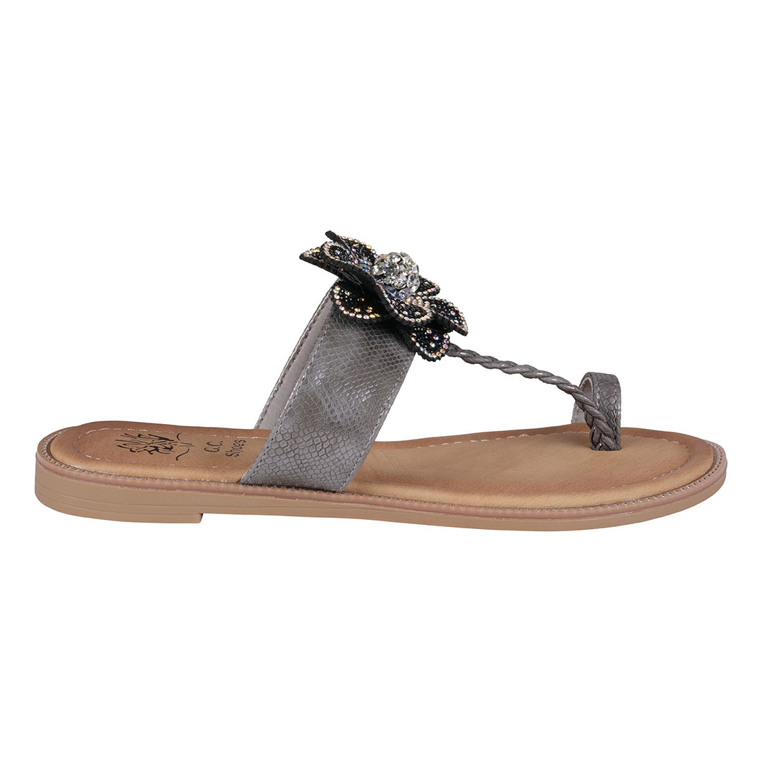 Sandales plates Femme Blossom noires ornées de fleurs avec anneau d'orteil