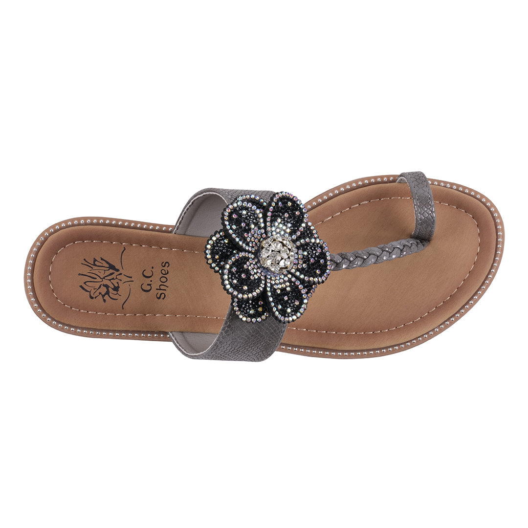 Sandales plates Femme Blossom noires ornées de fleurs avec anneau d'orteil