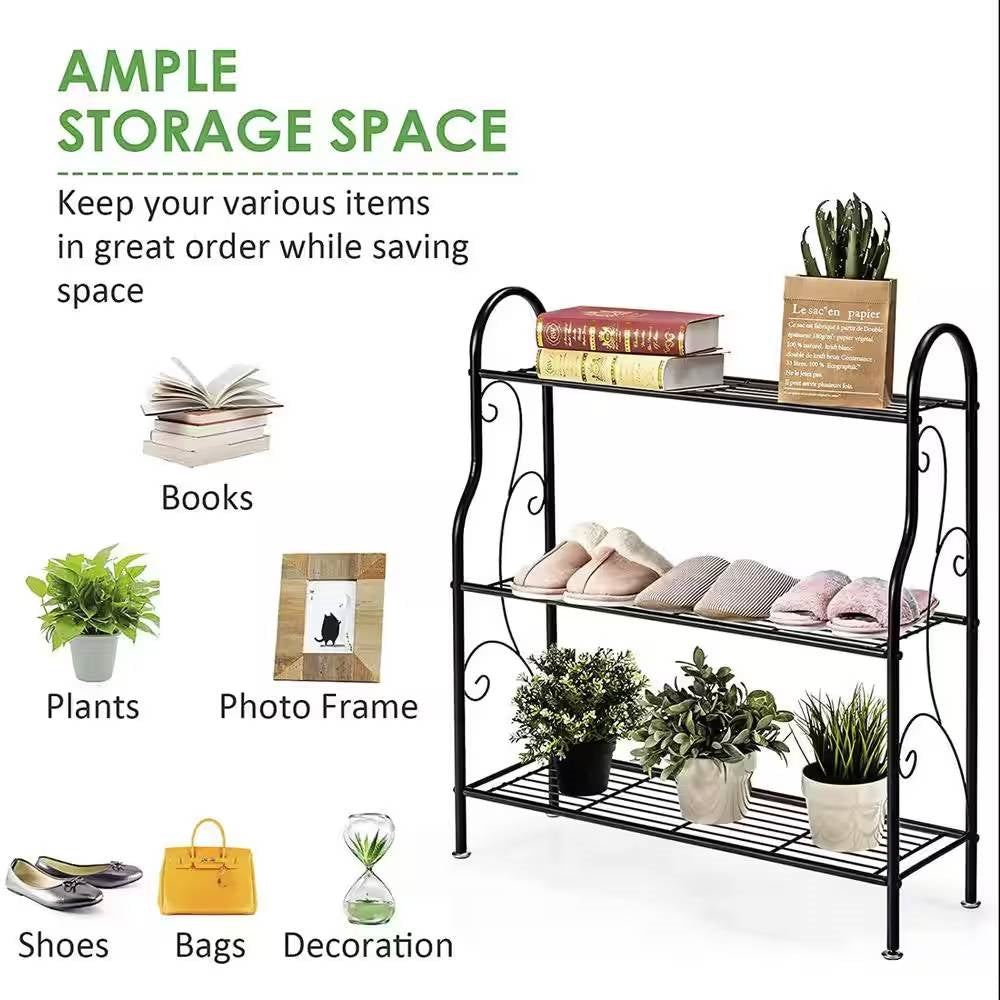Indoor/Outdoor Black Metal 3-Tier Bookcase Plant Stand Shelving Rack
