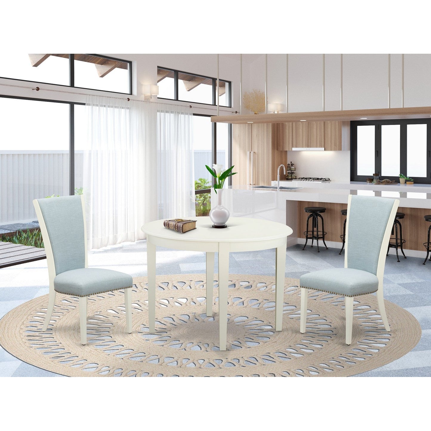 EAST WEST FURNITURE - BOVE3-WHI-15 - 3 Piece Dining Table Set - 2 Baby Blue Linen Fabric Kitchen Chairs with High Back and 1 Modern Rectangular Dining Table - linen white Finish
