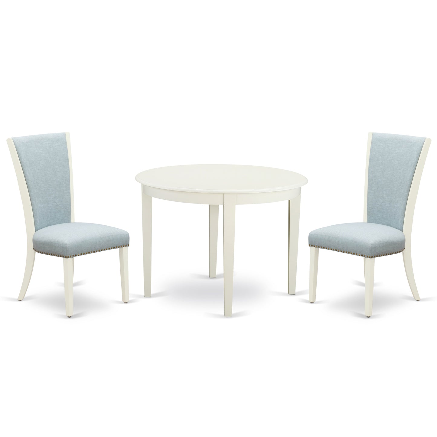EAST WEST FURNITURE - BOVE3-WHI-15 - 3 Piece Dining Table Set - 2 Baby Blue Linen Fabric Kitchen Chairs with High Back and 1 Modern Rectangular Dining Table - linen white Finish